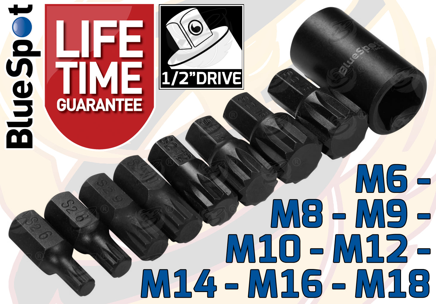 BLUESPOT 9PCS 1/2" DRIVE IMPACT SPLINE BIT SOCKETS M6 - M18