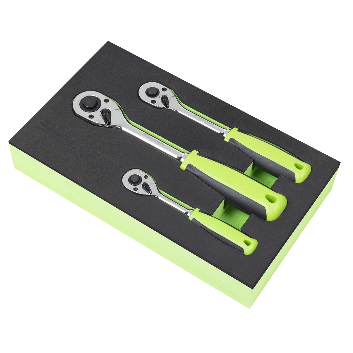 Siegen 3 Piece 1/4" & 3/8" & 1/2" Drive 72 Tooth Ratchet Handle Set In EVA Foam Storage Block With A Manufacturers LifeTime Guarantee S01331