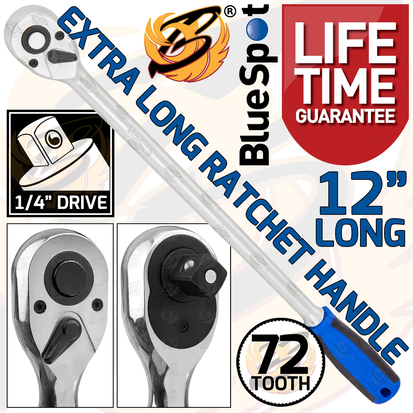 BLUESPOT 1/4" DRIVE 12" LONG 72 TOOTH EXTRA LONG RATCHET HANDLE