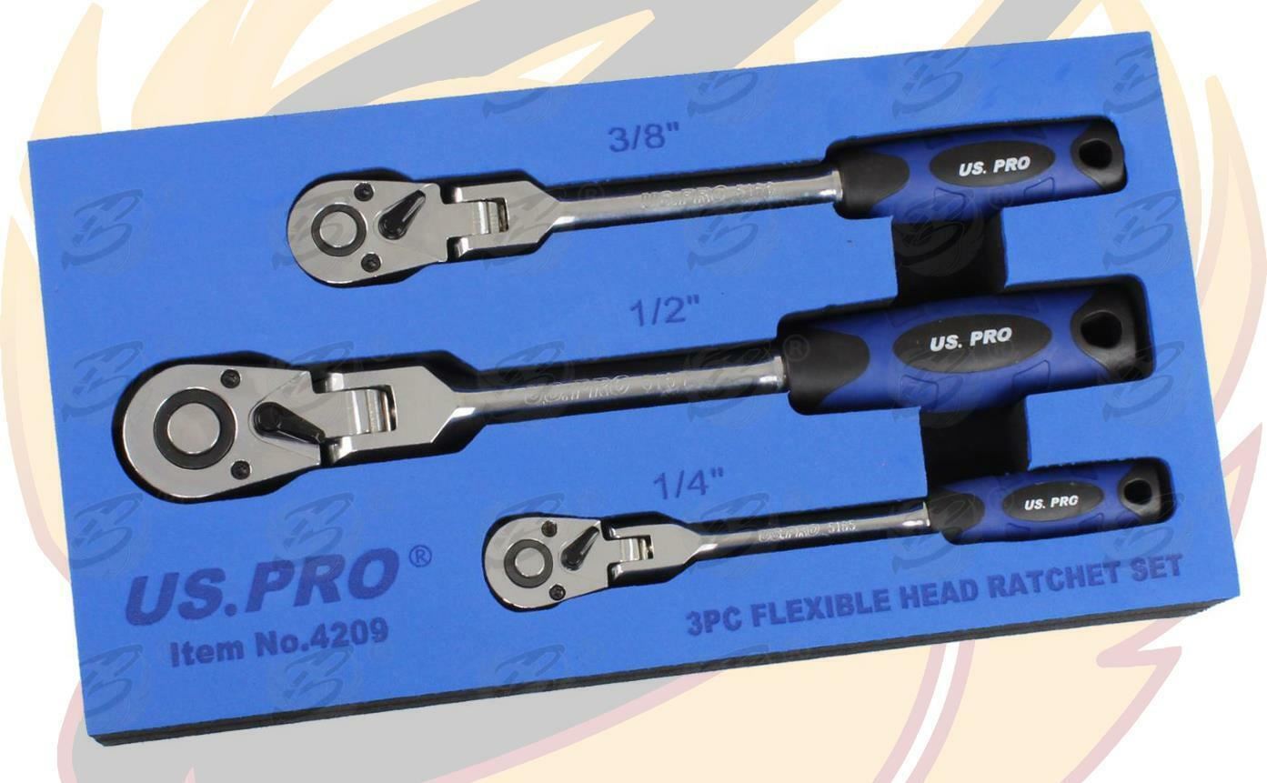 US Pro 3 Piece 1/4" & 3/8" & 1/2" Drive 72 Tooth Flexi Ratchet Handles  4209