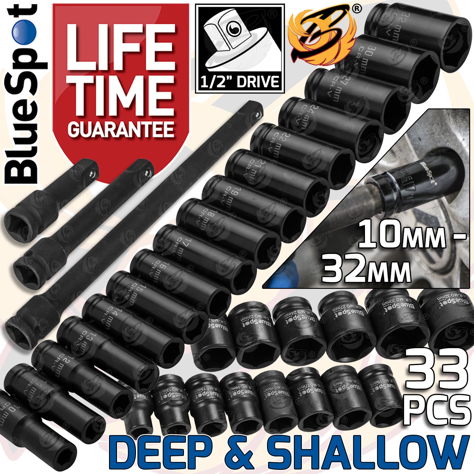 BLUESPOT 33PCS 1/2" DRIVE 6 POINT DEEP & SHALLOW IMPACT SOCKETS & EXTENSION BARS 10MM - 32MM