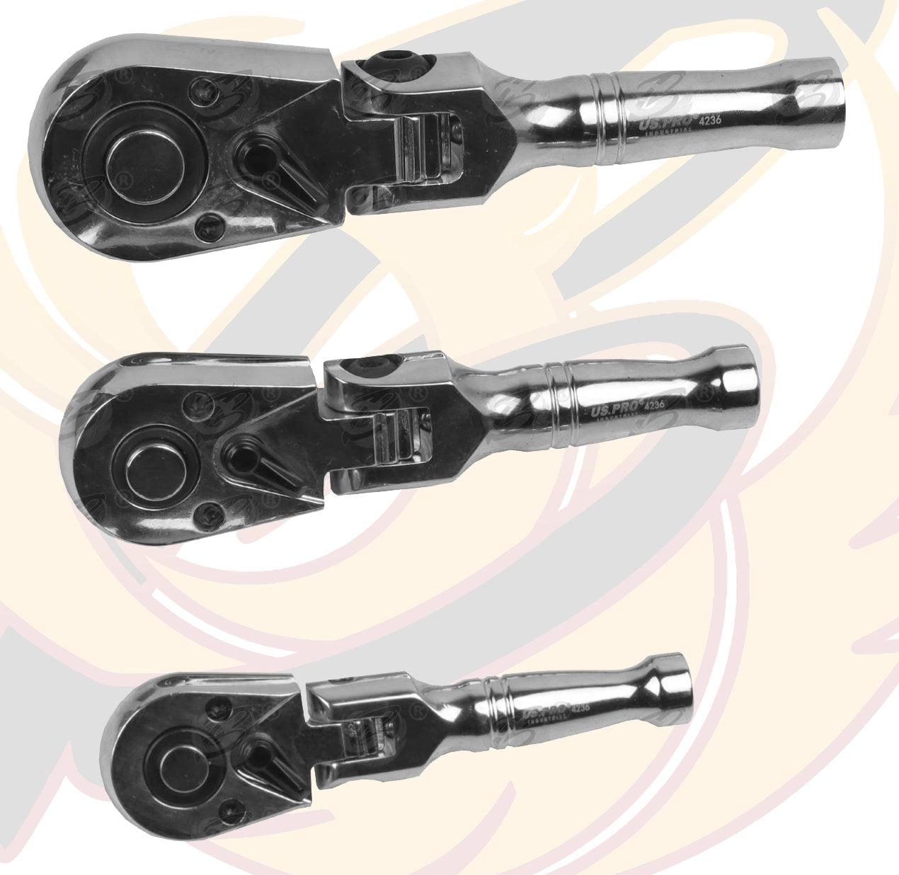 US PRO 3PC STUBBY FLEXI HEAD RATCHET SET 1/4" -  3/8" - 1/2"