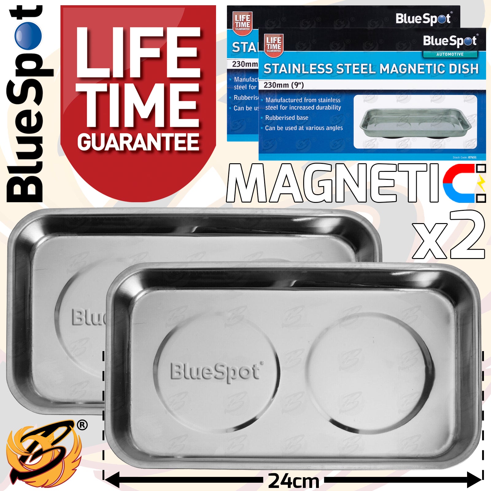 BLUESPOT 9" STAINLESS STEEL DOUBLE MAGNETIC PARTS TRAY ( x 2 )