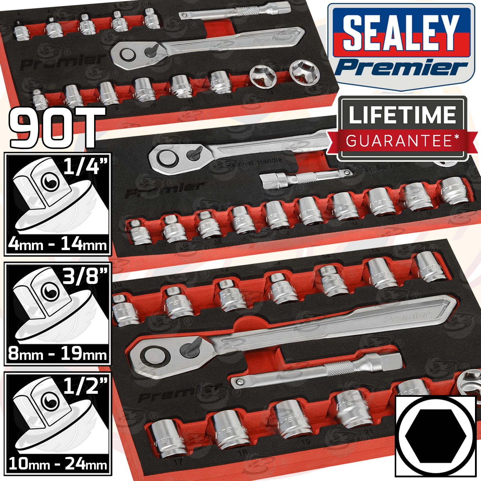 SEALEY 44PCS 1/4" & 3/8" & 1/2" DRIVE 6 POINT LOW PROFILE SOCKET SET 4MM - 24MM