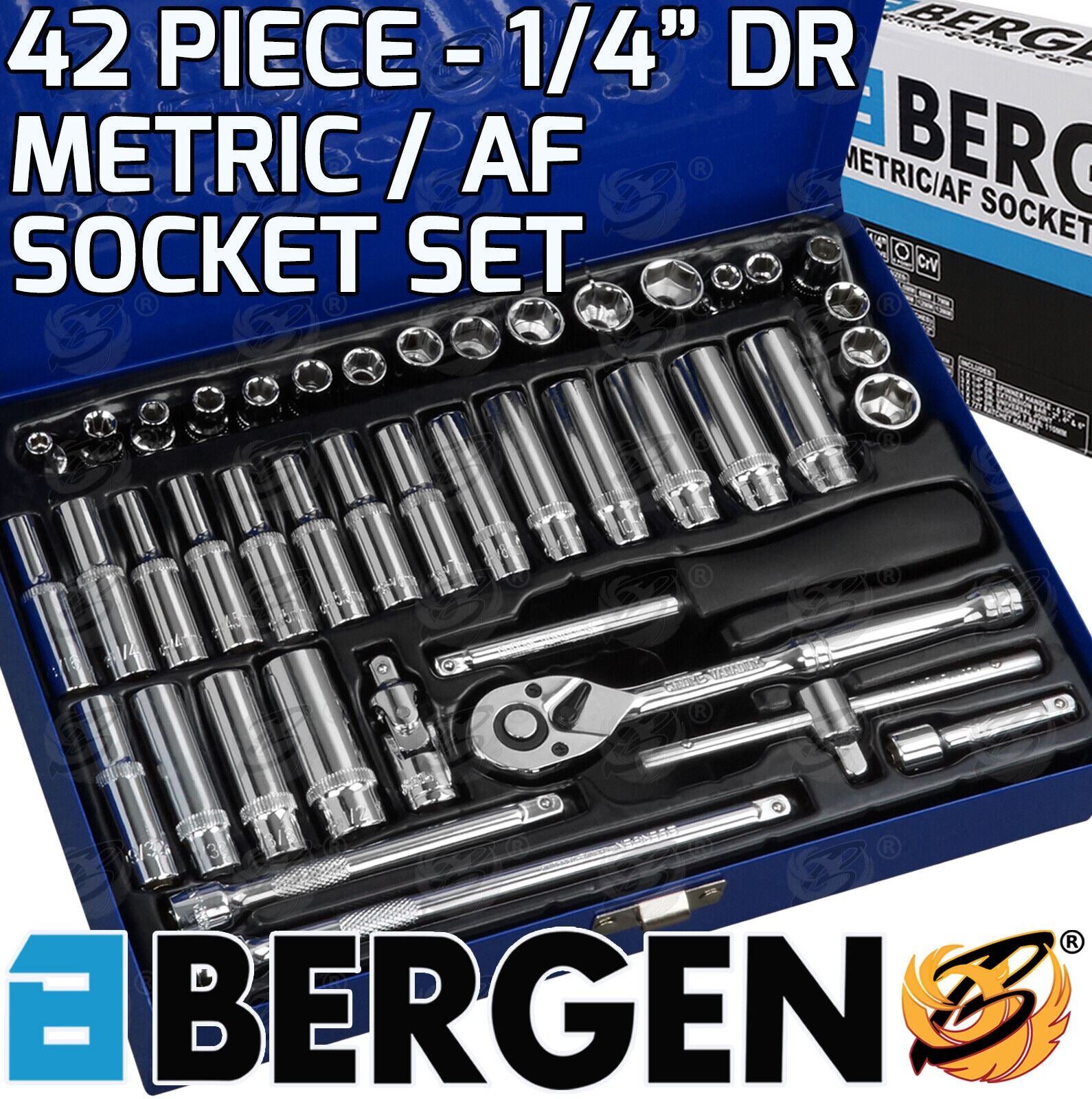 BERGEN 42PC 1/4" DRIVE METRIC & AF SOCKET SET