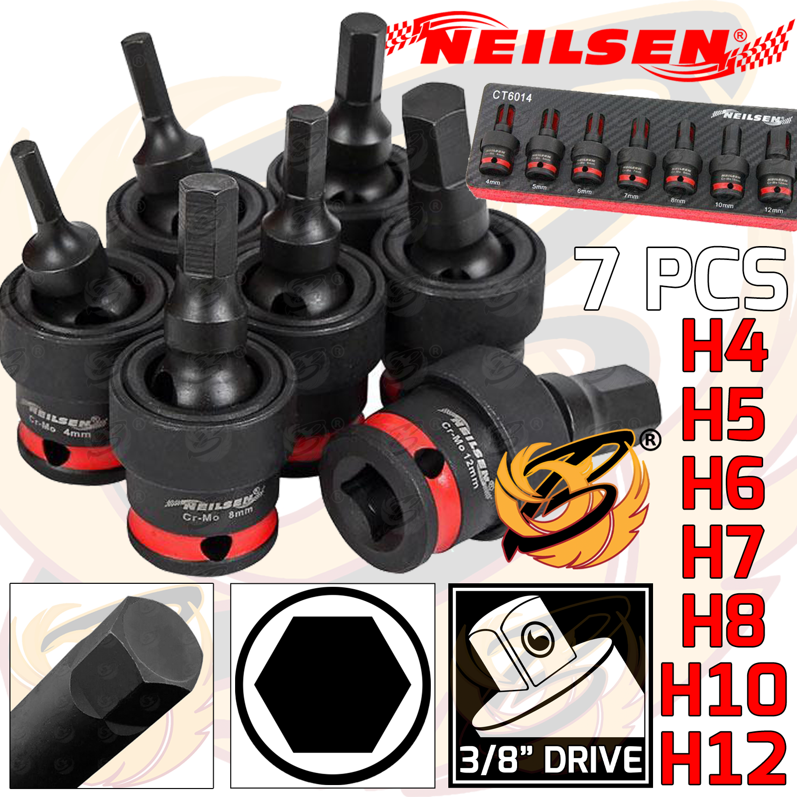 Neilsen 7 Piece 3/8" Drive Swivel Impact Hex Bit Sockets H4 - H12 ( CT6014 )
