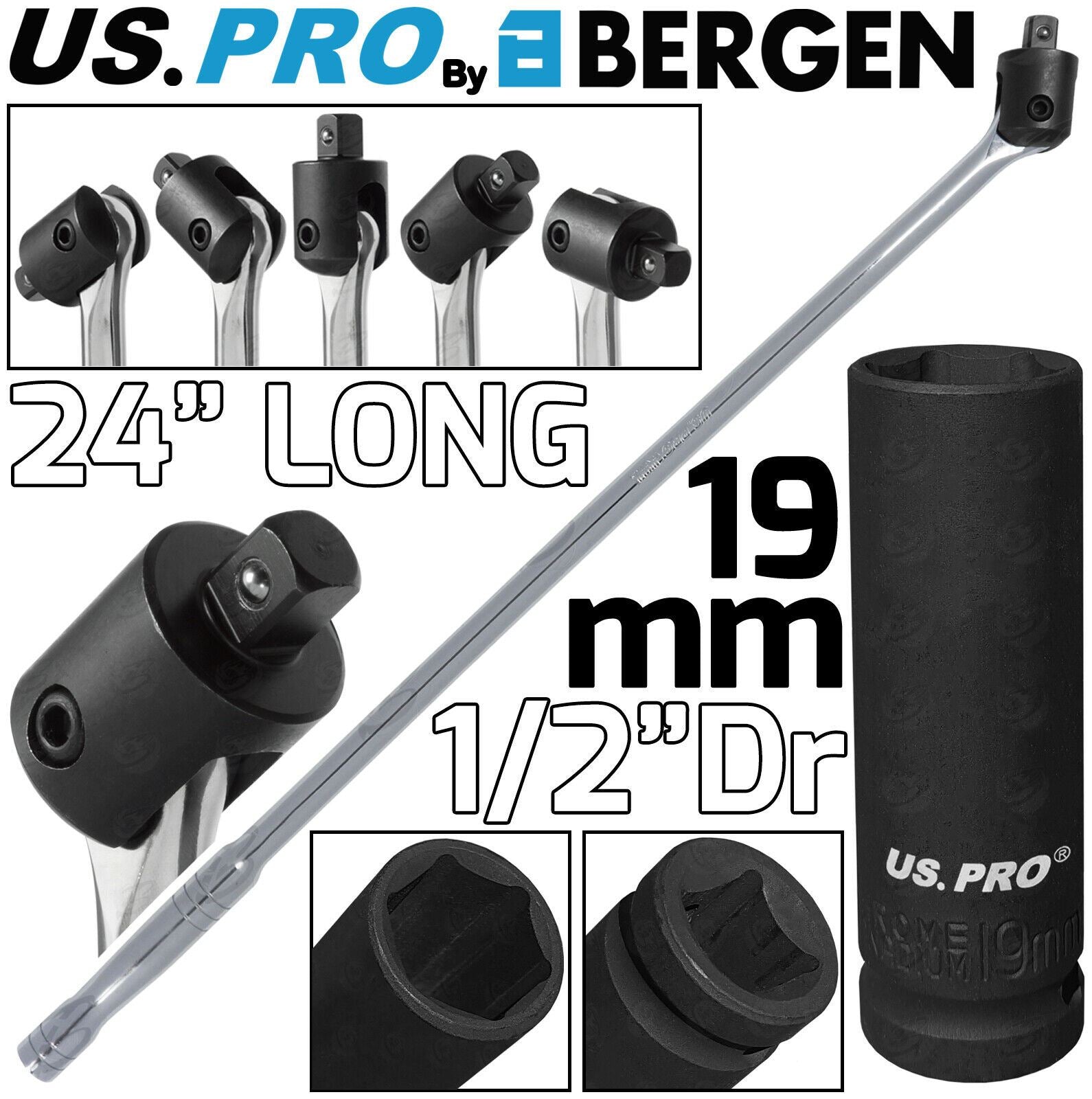 US PRO 1/2" DRIVE 24" LONG BREAKER BAR & 19MM 1/2" DRIVE 6 POINT DEEP IMPACT SOCKET