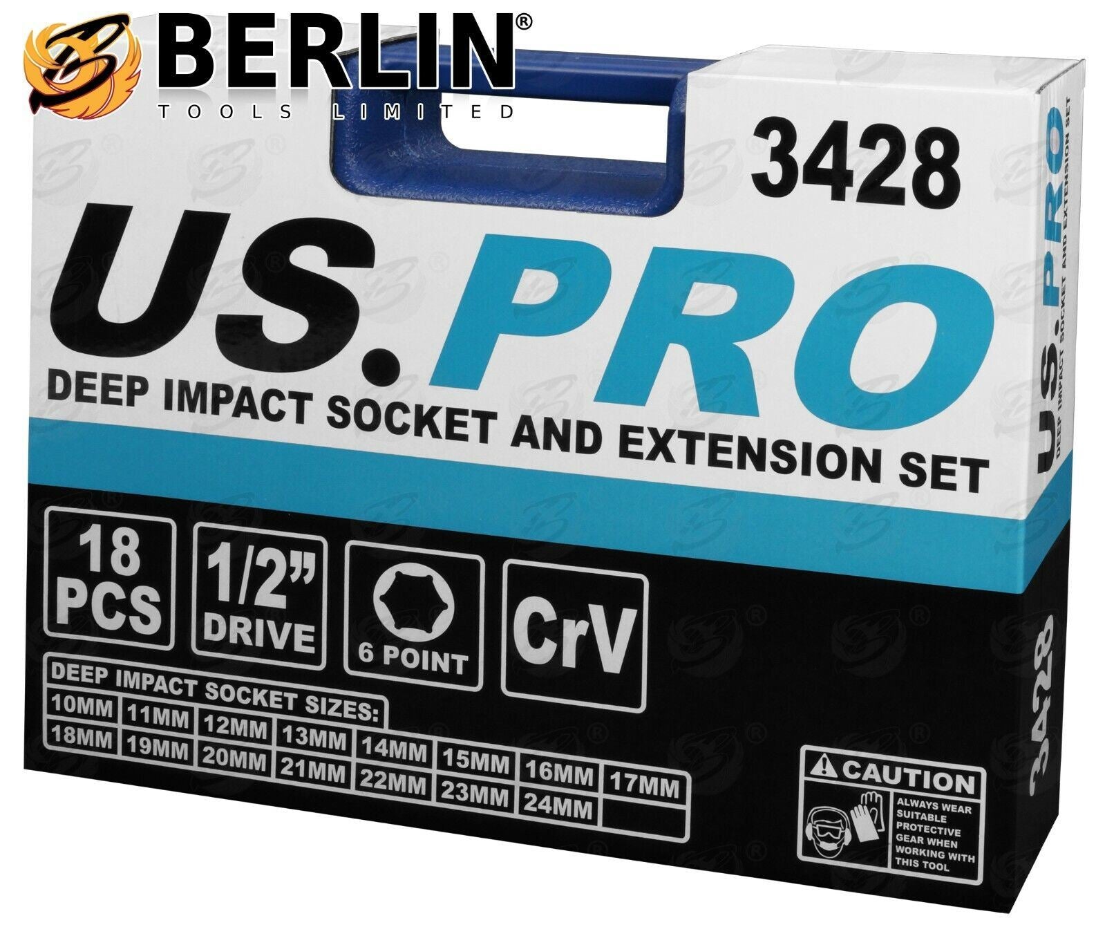 US Pro 1/2" Drive 6 Point Deep Impact Sockets & Extensions 10mm - 24mm ( 3428 )