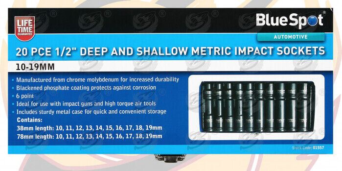 BLUESPOT 20PCS 1/2" DRIVE 6 POINT DEEP & SHALLOW IMPACT SOCKETS 10MM - 19MM