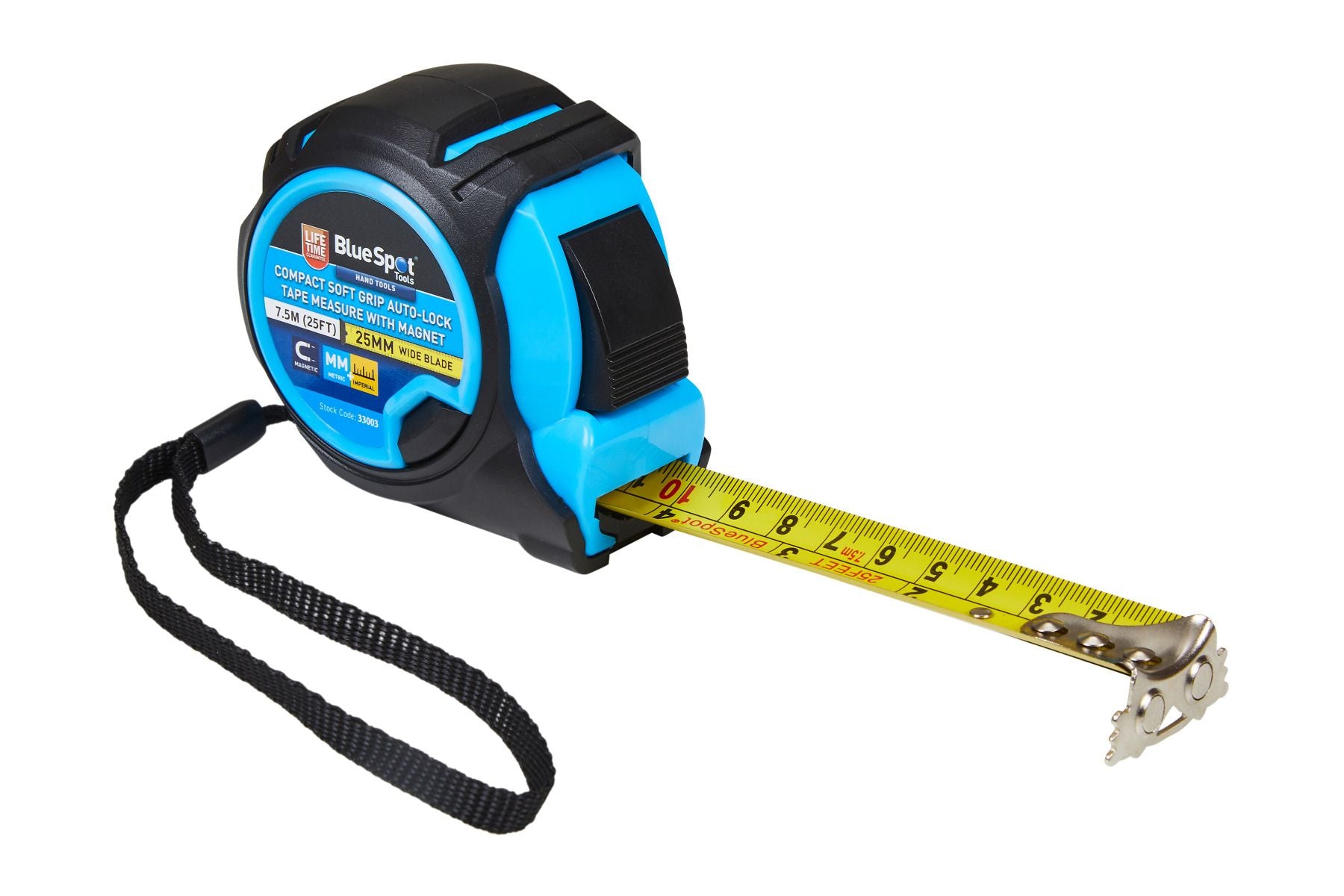 BlueSpot 7.5M (25 Foot) Compact Soft Grip Self-Lock Tape Measure With Magnet With A Manufacturers LifeTime Guarantee 33003