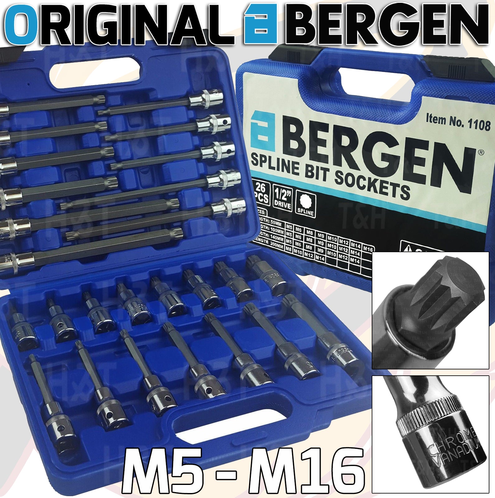 BERGEN 26PCS 1/2" DRIVE SPLINE BIT SOCKETS M5 - M16