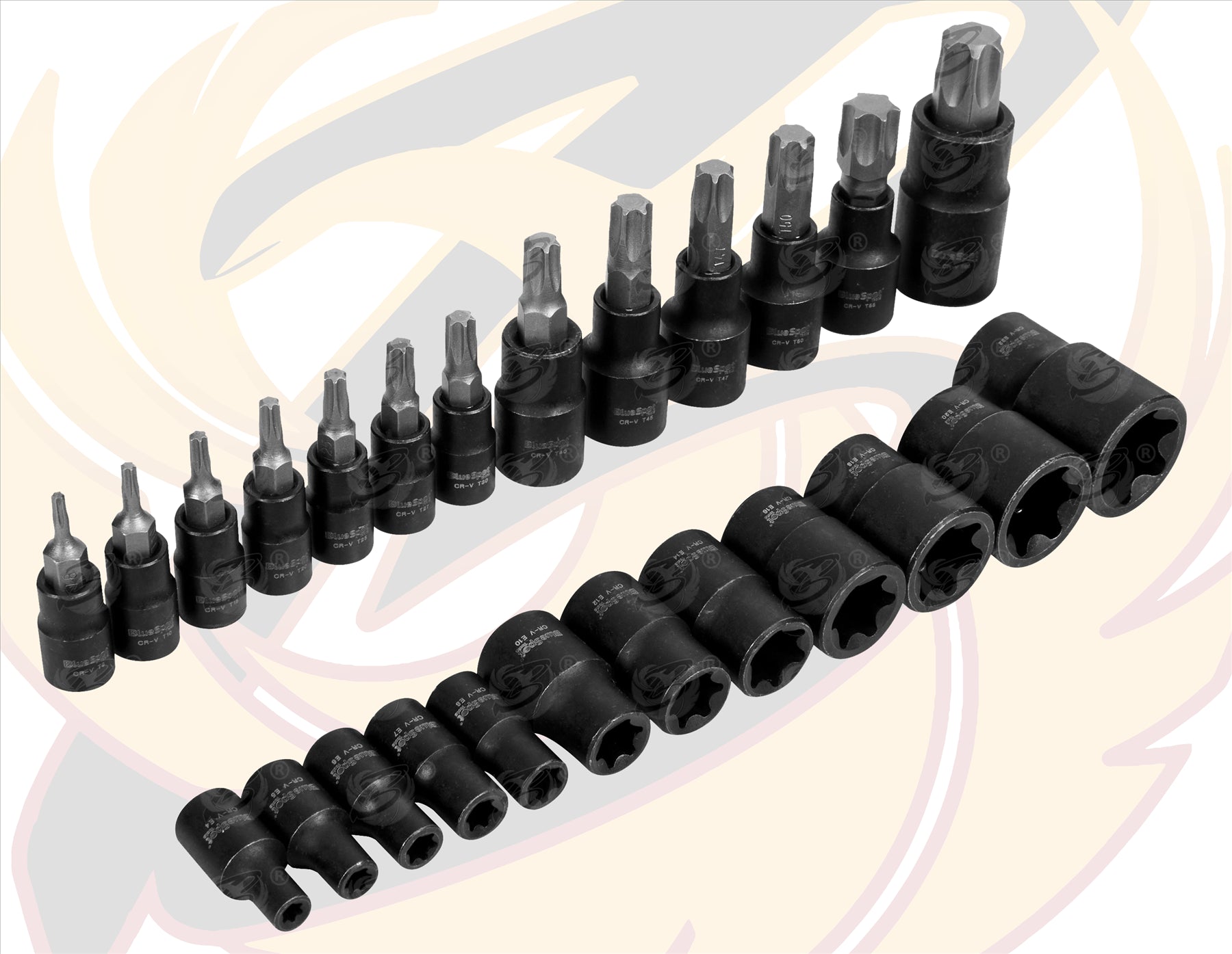 BLUESPOT 25PCS 1/4" & 3/8" & 1/2" DRIVE TORX & E - TORX SOCKETS ( E4 - E22 ) ( T8 - T60 )