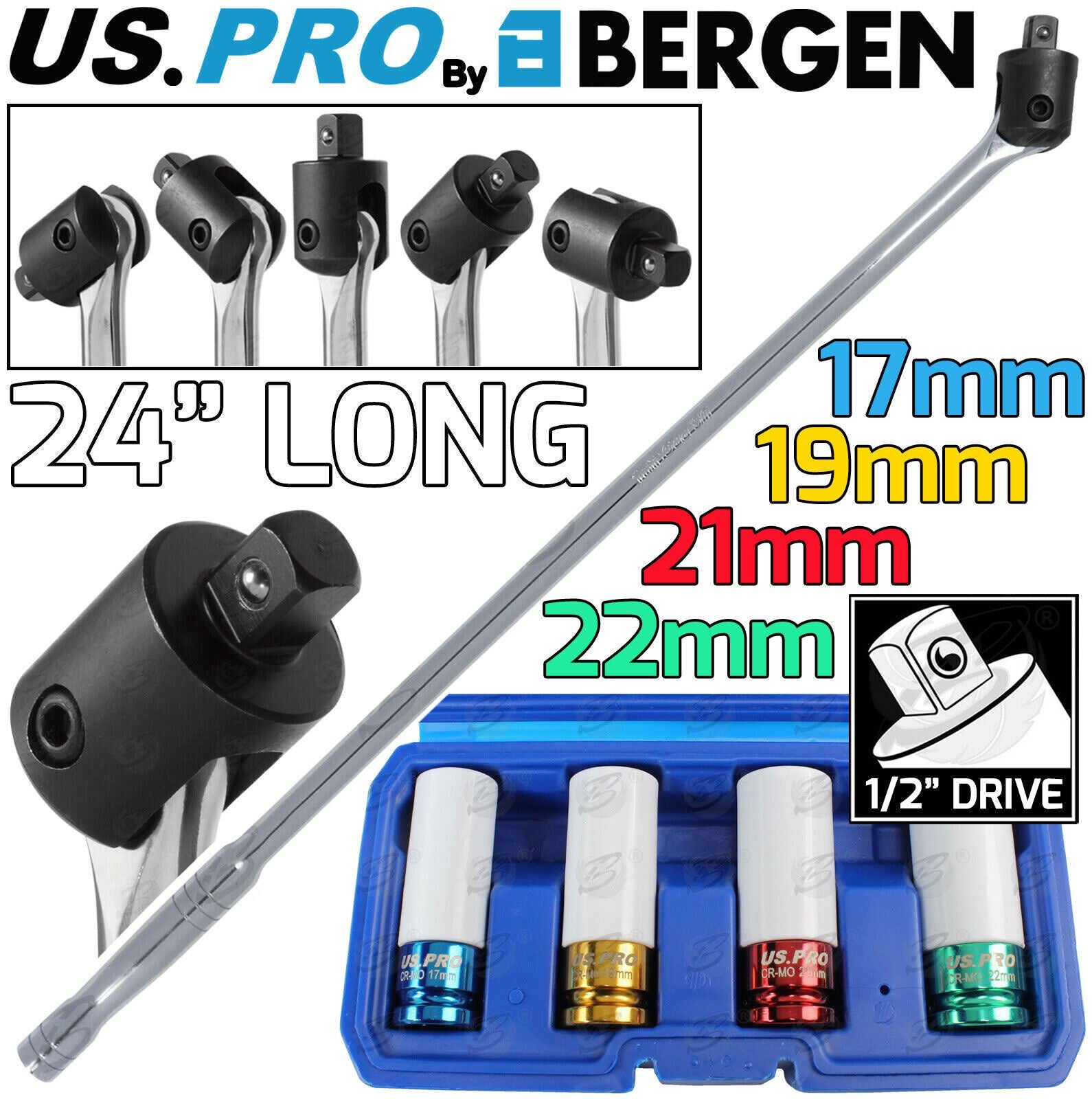 US PRO 1/2" DRIVE 24" LONG BREAKER BAR & 4PCS 6 POINT ALLOY WHEEL NUT SOCKETS 17MM - 22MM