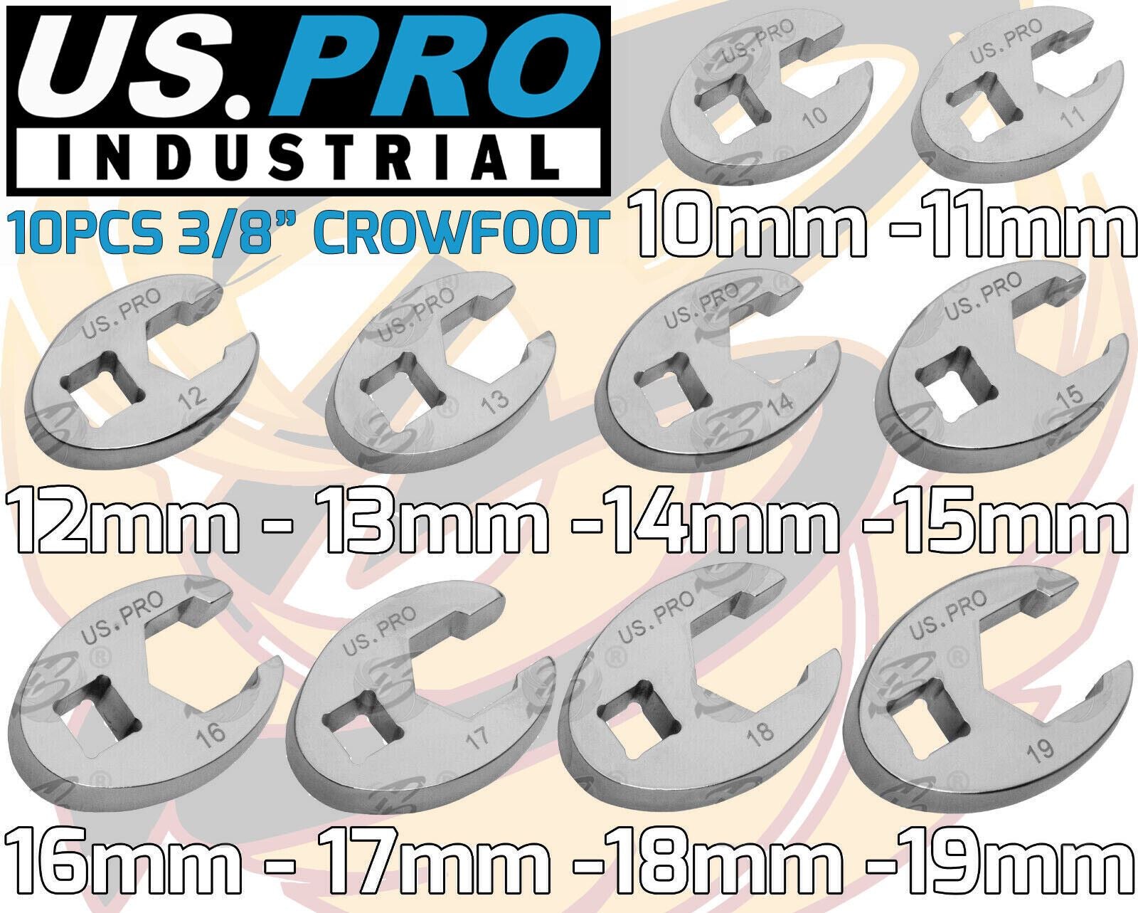 US PRO INDUSTRIAL 10PCS 3/8" DRIVE CROWFOOT SPANNERS 10MM - 19MM