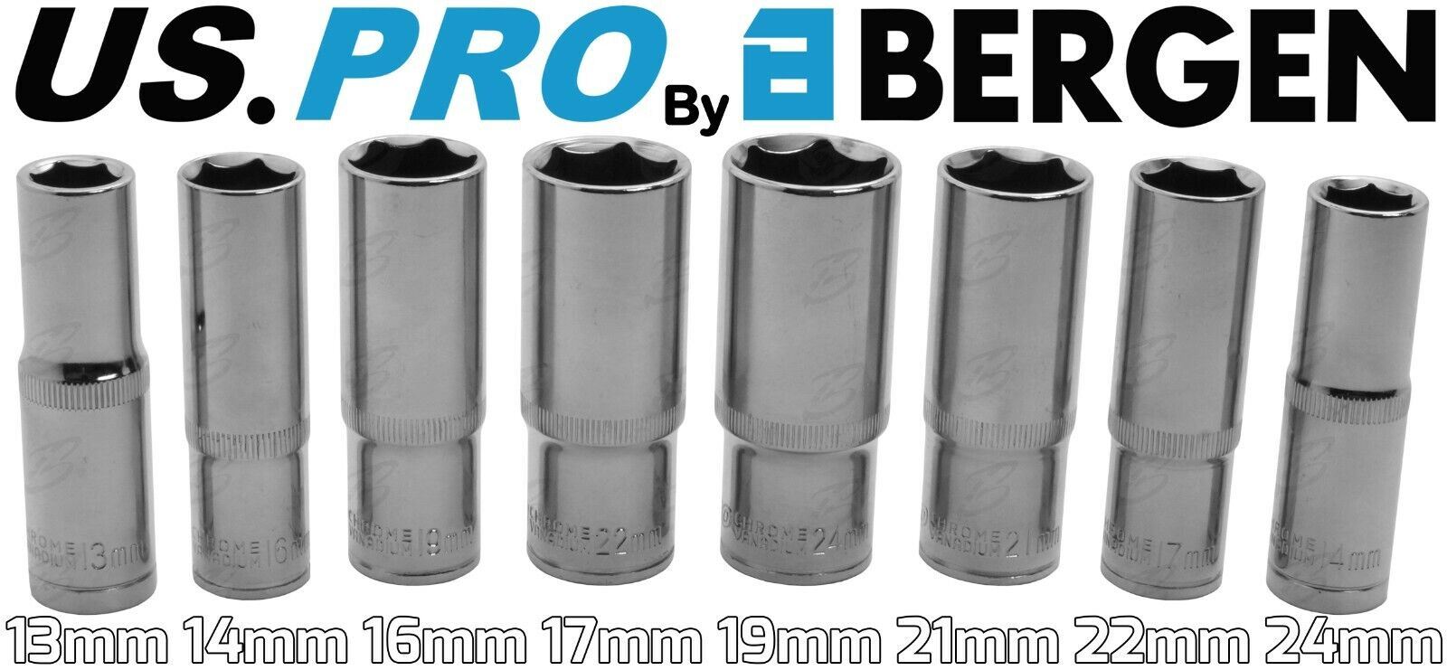 US Pro 8 Piece 1/2" Drive 6 Point Deep Sockets 13mm - 24mm 3241