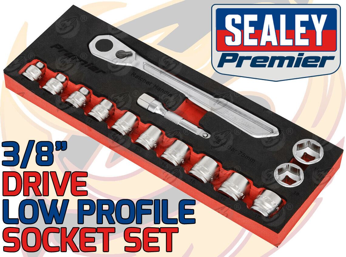 SEALEY 14PCS 3/8" DRIVE 6 POINT 90 TOOTH LOW PROFILE SOCKET SET 8MM - 19MM