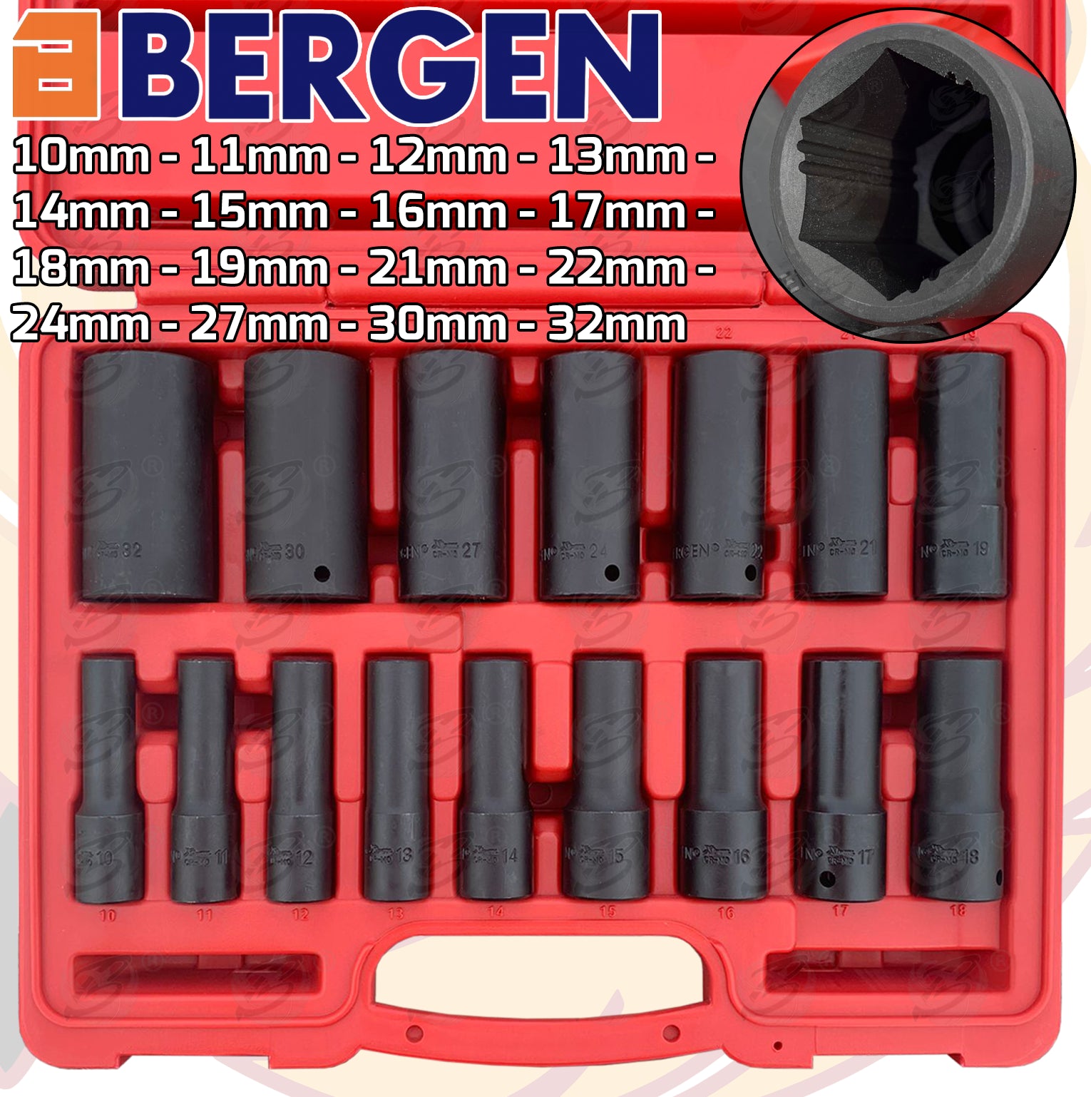 BERGEN 16PCS 1/2" DRIVE 6 POINT XI - ION IMPACT SOCKET SET ( 10mm - 32mm )