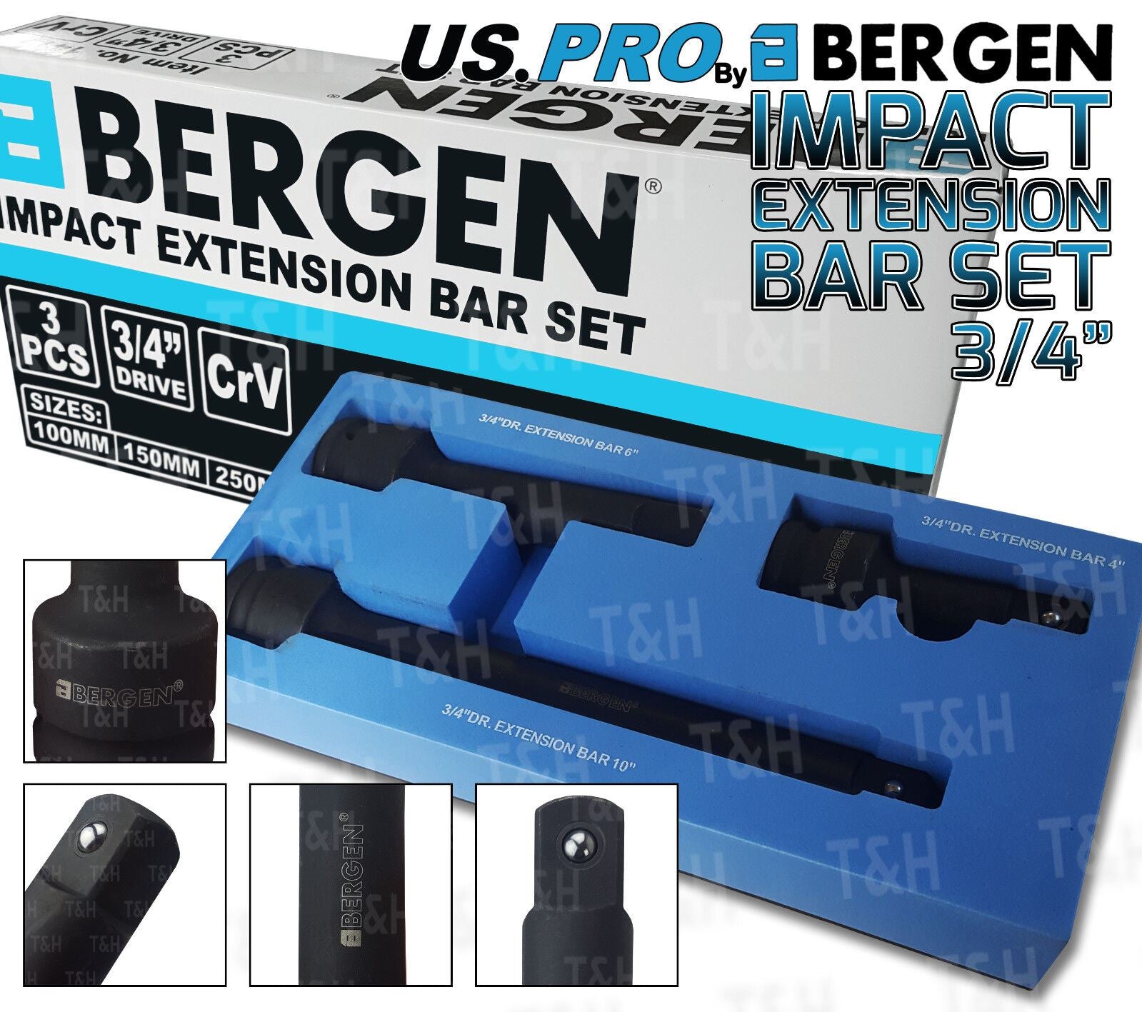 US PRO 3PCS 3/4" DRIVE IMPACT EXTENSION BARS 4" - 6" - 10"