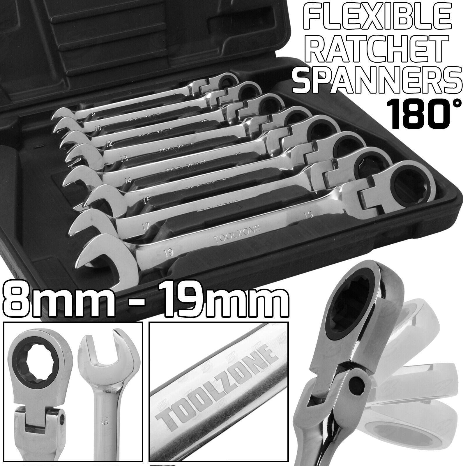 TOOLZONE 8PCS COMBINATION FLEXIBLE RATCHET SPANNER SET 8MM - 19MM
