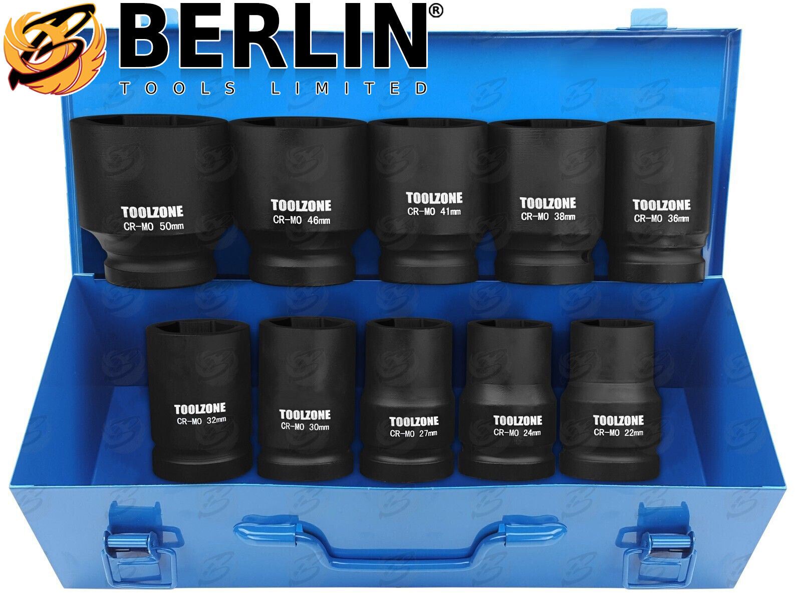 TOOLZONE 10PCS 1" DRIVE 6 POINT DEEP IMPACT SOCKETS 22MM - 50MM