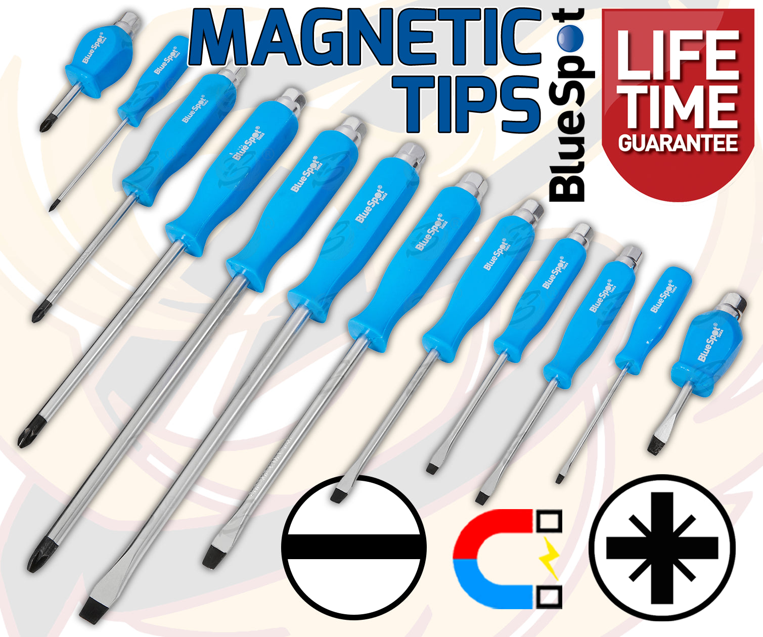 BLUESPOT 12PCS MAGNETIC GO THROUGH SCREWDRIVER SET ( SLOTTED - POZIDRIVE )