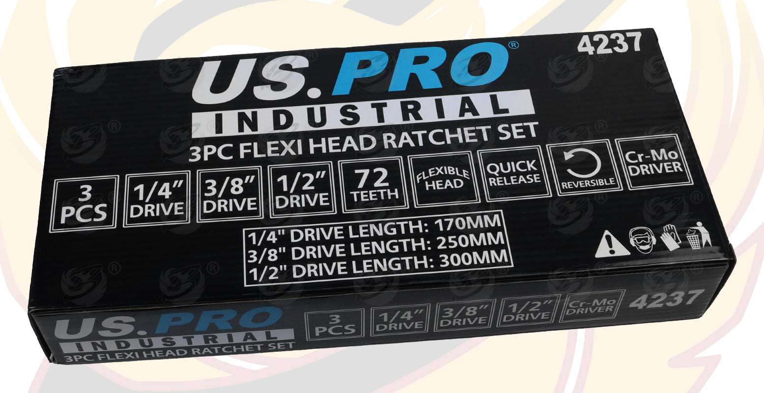 US PRO 3PC FLEXI HEAD RATCHET SET 1/4" -  3/8" - 1/2" DRIVES