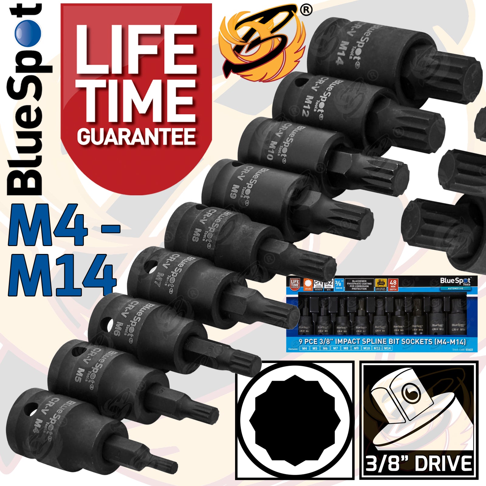 BLUESPOT 9 PCE 3/8" DRIVE IMPACT SPLINE BIT SOCKETS (M4 - M14)