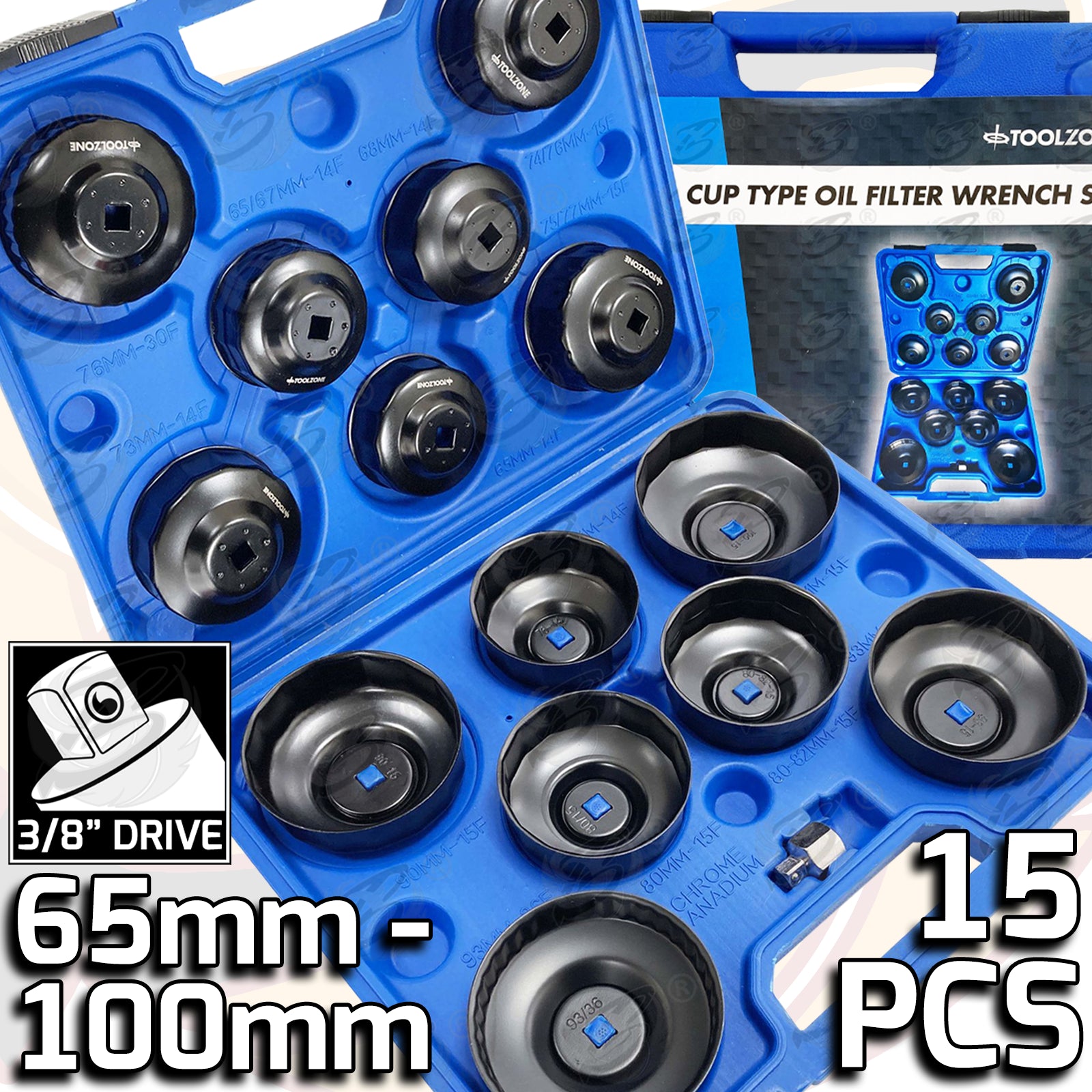 TOOLZONE 15PCS 3/8" DRIVE "CUP TYPE" OIL FILTER SOCKETS ( 65MM - 100M )