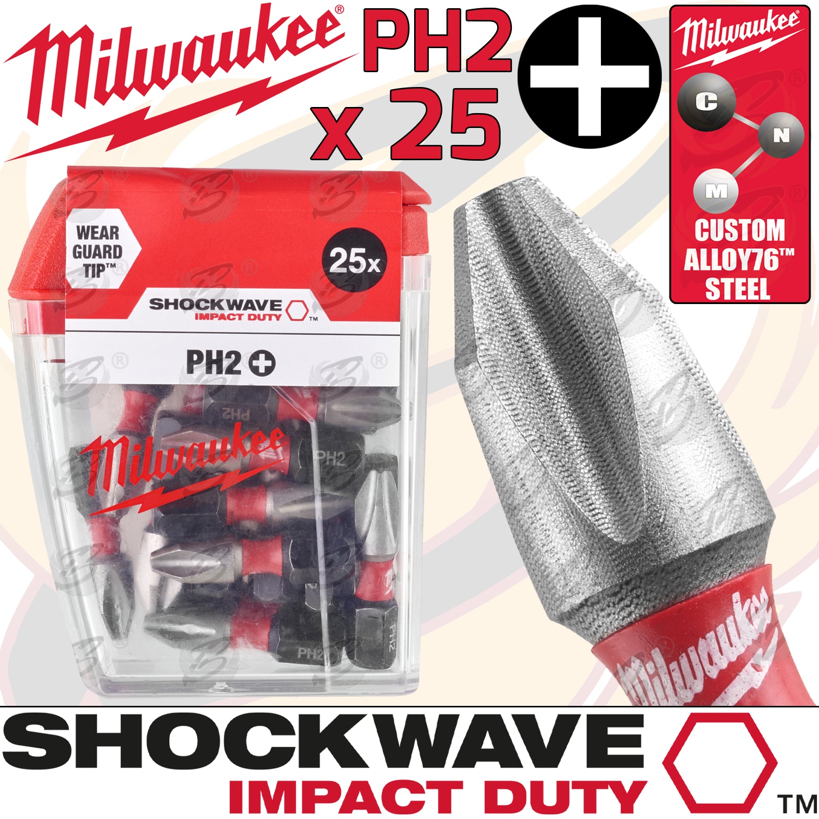 MILWAUKEE 25PCS PH2 x 25MM PHILLIPS IMPACT DRILL / DRIVER BITS ( SHOCKWAVE IMPACT DUTY )