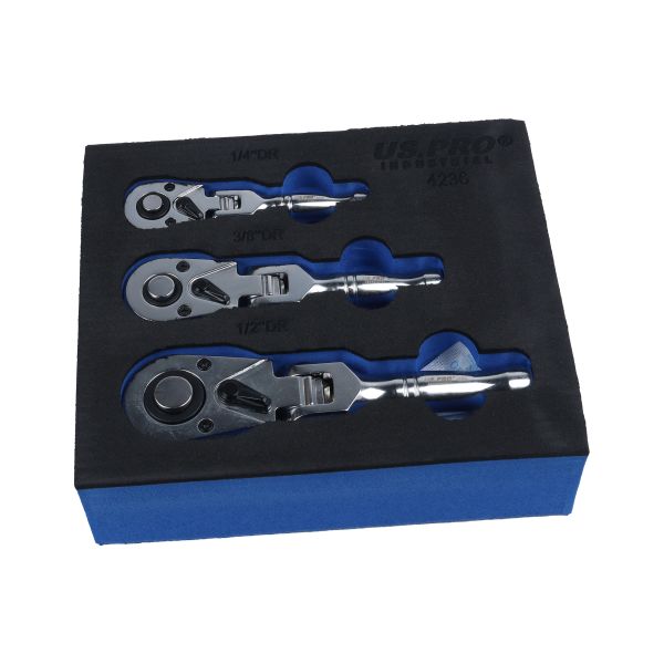 US Pro 3 Piece Stubby Flexi Head Ratchet Set 1/4" - 3/8" - 1/2"   4236