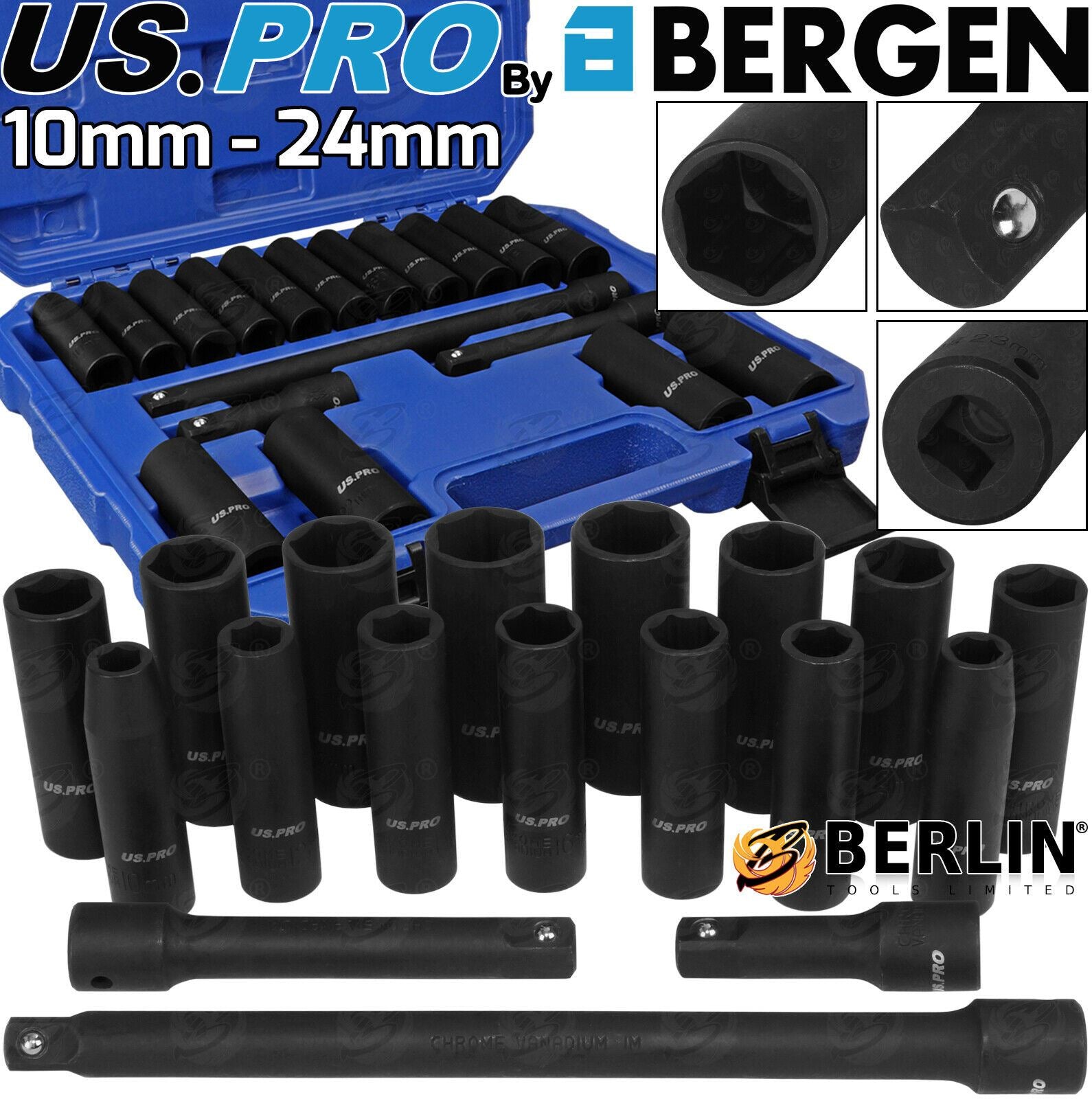 US PRO 1/2" DRIVE 6 POINT DEEP IMPACT SOCKETS & EXTENSIONS 10MM - 24MM