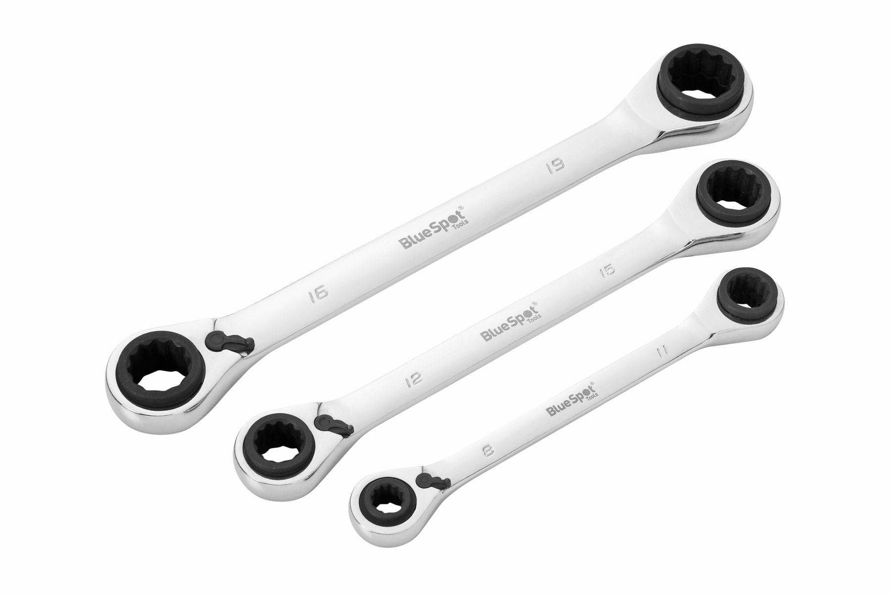 BlueSpot 3 Piece 4 in 1 Ratchet Ring Spanner Set ( 8mm - 19mm ) With A Manufacturers LifeTime Guarantee 04318