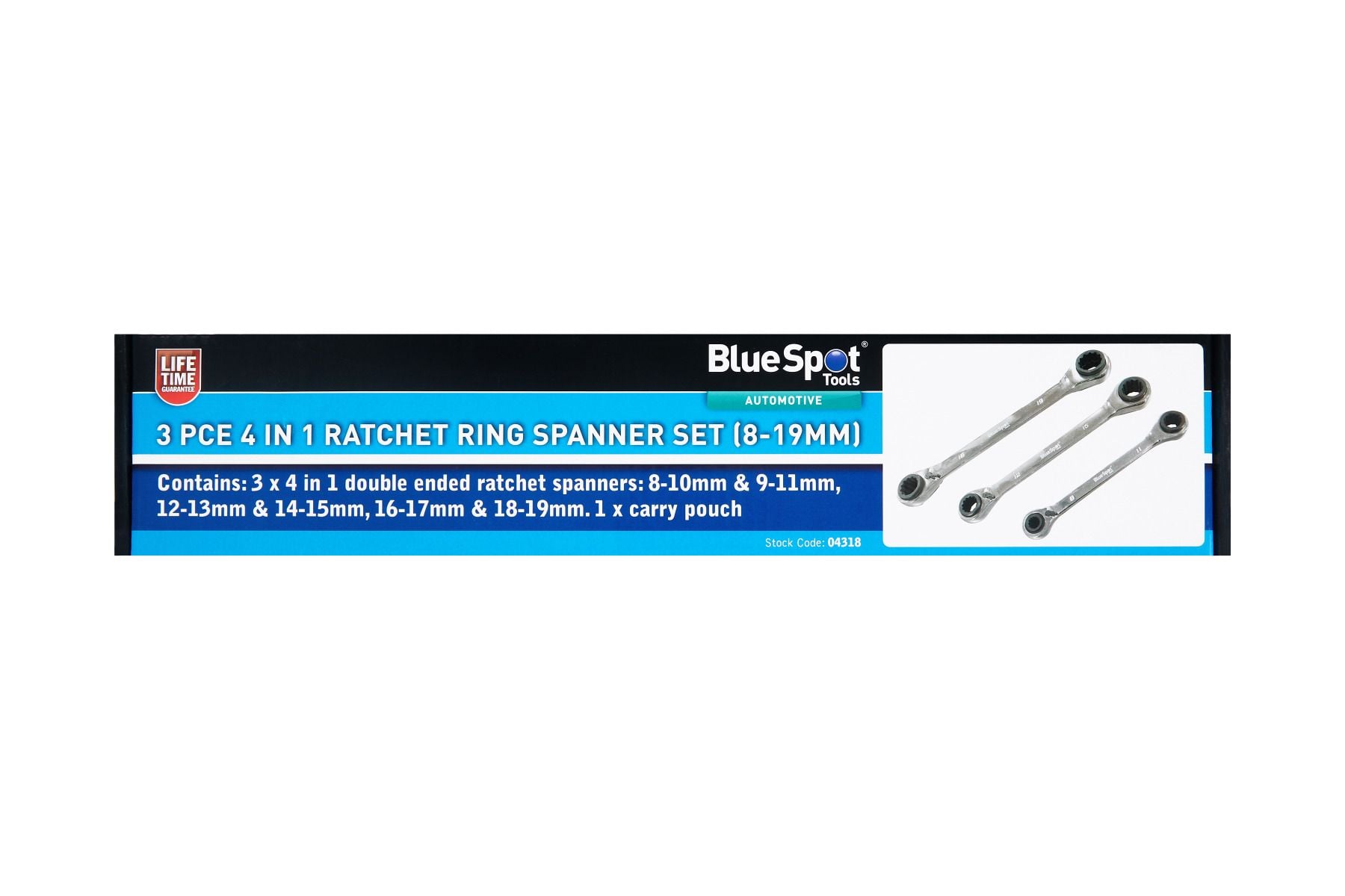 BlueSpot 3 Piece 4 in 1 Ratchet Ring Spanner Set ( 8mm - 19mm ) With A Manufacturers LifeTime Guarantee 04318