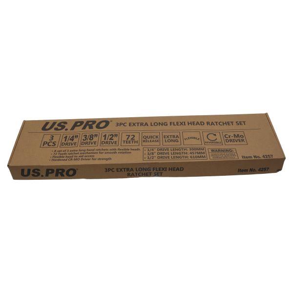 US Pro 3 Piece 1/4" & 3/8" & 1/2" Drive 72 Tooth Flexi Extra Long Ratchet Handles  4257