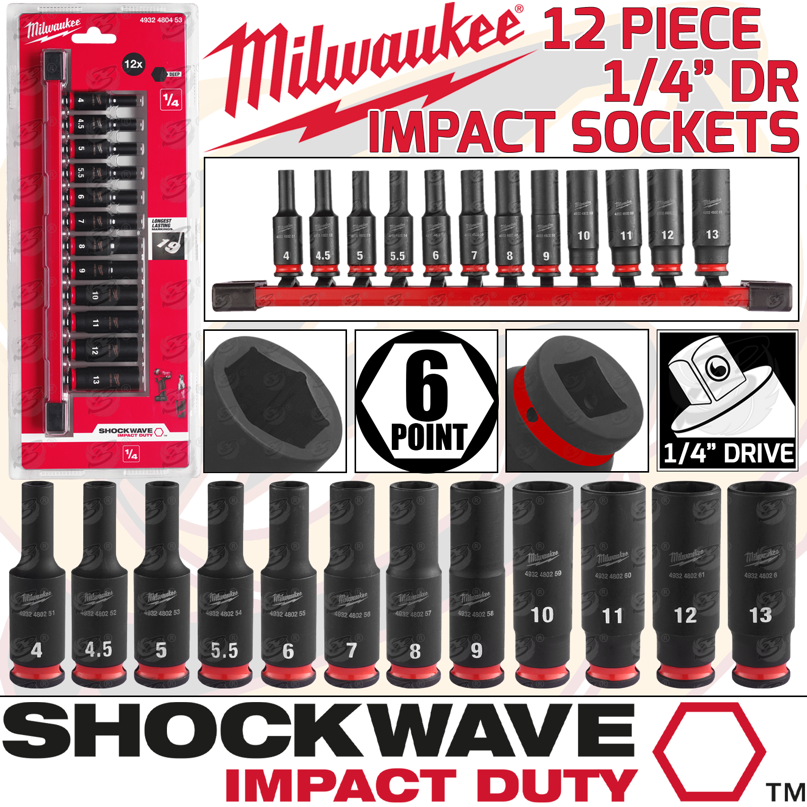 Milwaukee 12 Piece 1/4" Drive 6 Point Deep Impact Sockets 4mm - 13mm ( Shockwave Impact Duty ) ( 4932480453 )