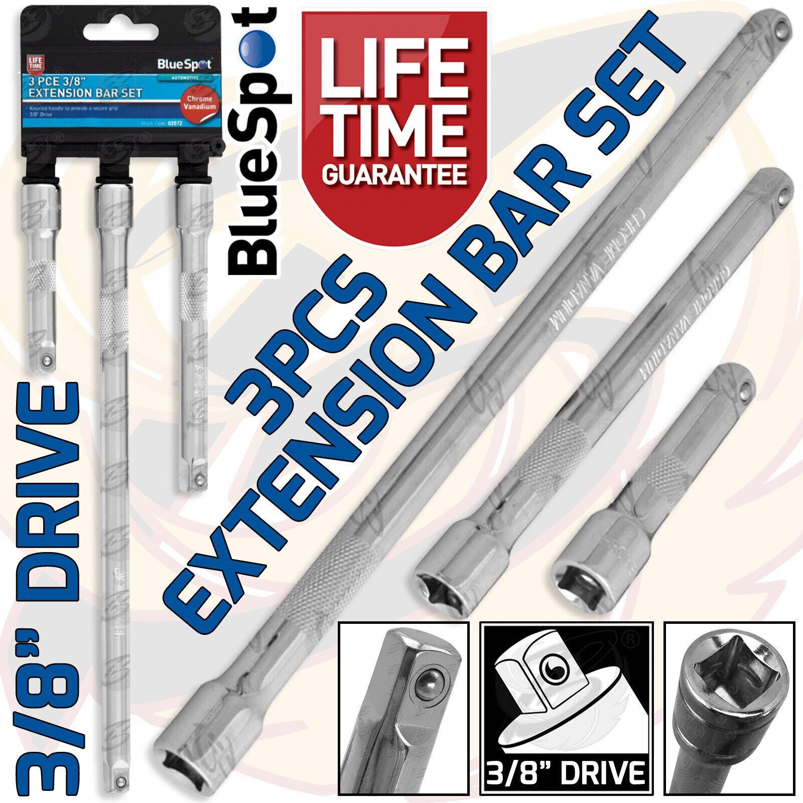 BLUESPOT 3PCS 3/8" DRIVE EXTRA LONG EXTENSION BARS 75MM - 250MM