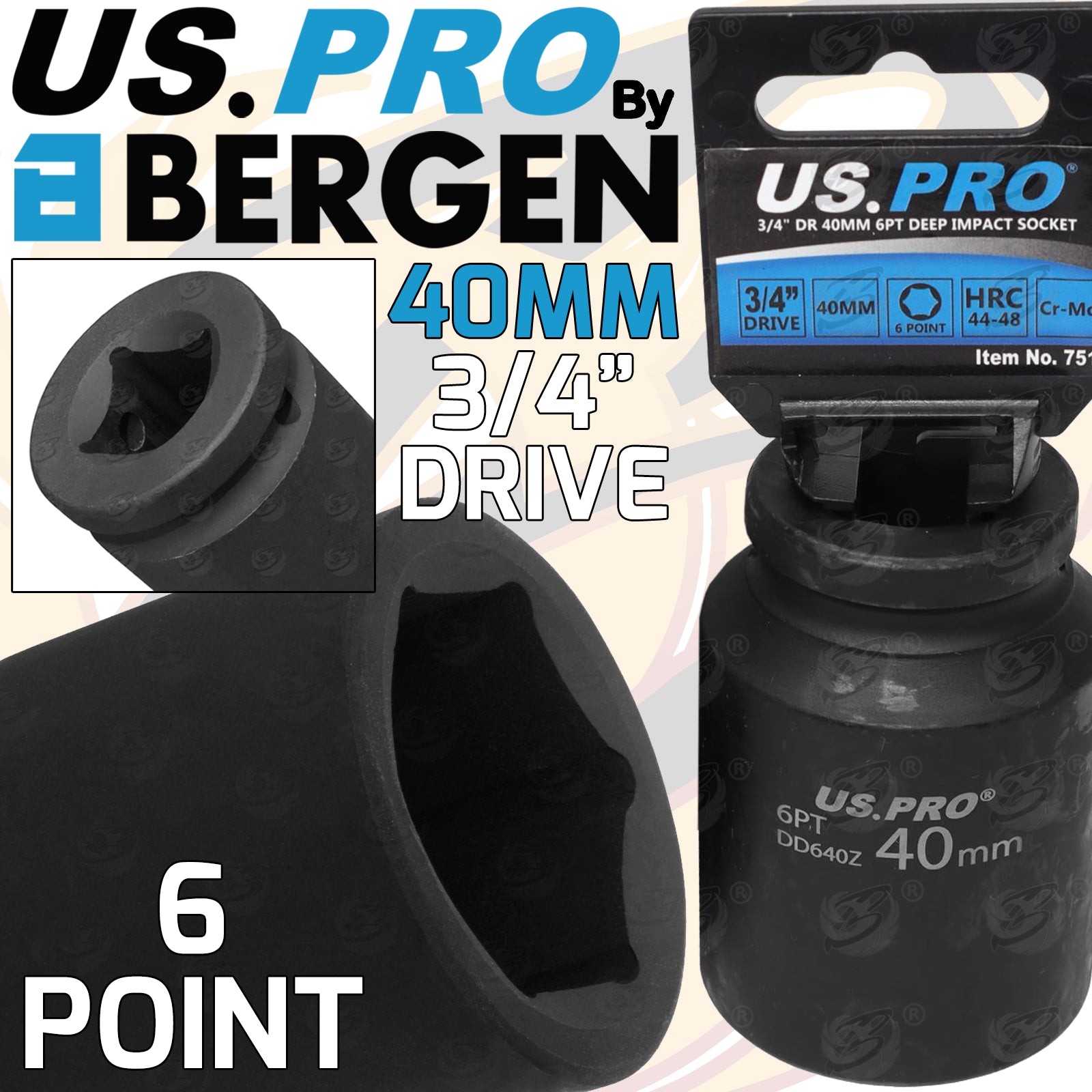 US PRO 40MM 3/4" DRIVE 6 POINT DEEP IMPACT SOCKET ( SINGLE )