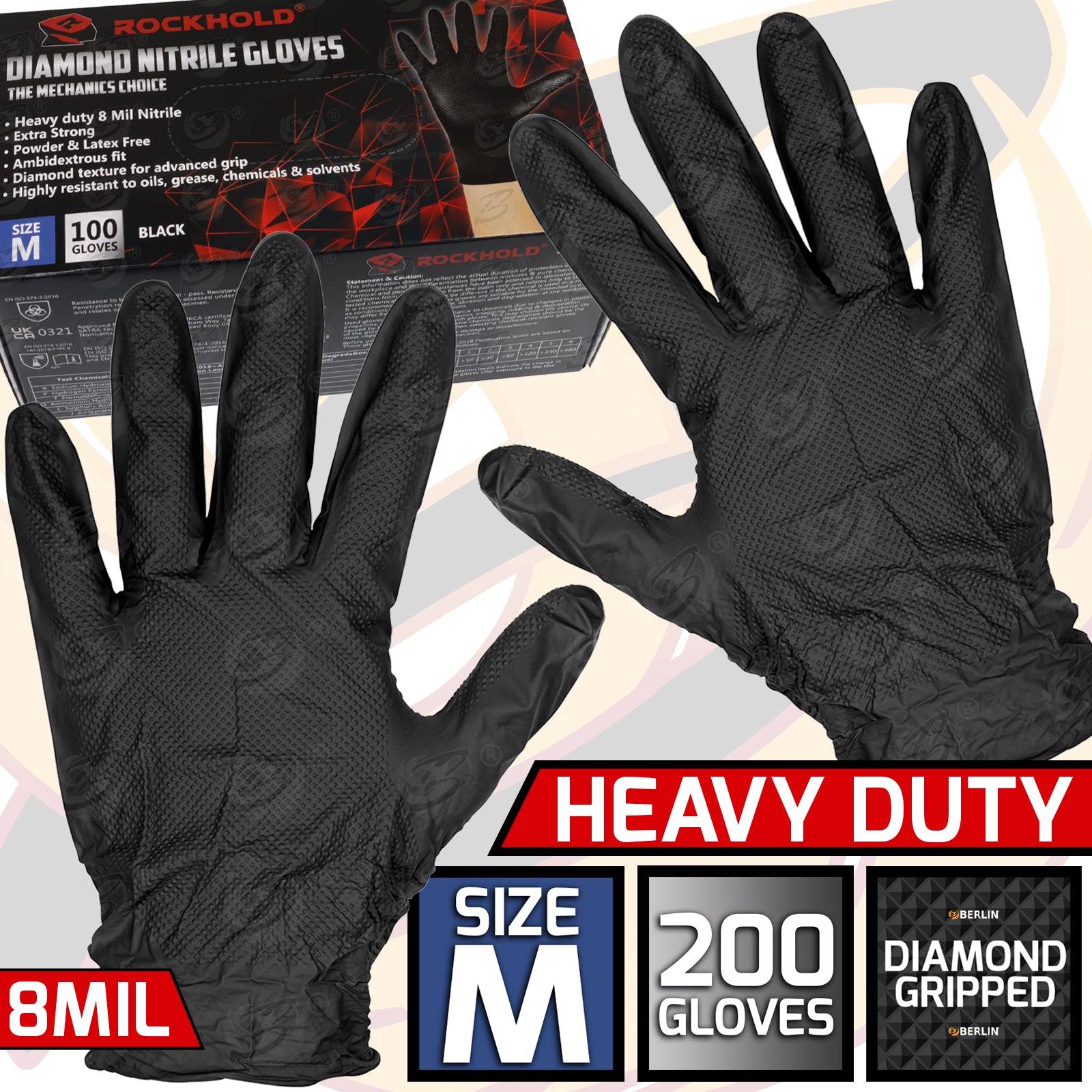 ROCKHOLD HEAVY DUTY BLACK 8 MIL NITRILE DIAMOND GRIP GLOVES ( MEDIUM - 200 GLOVES )