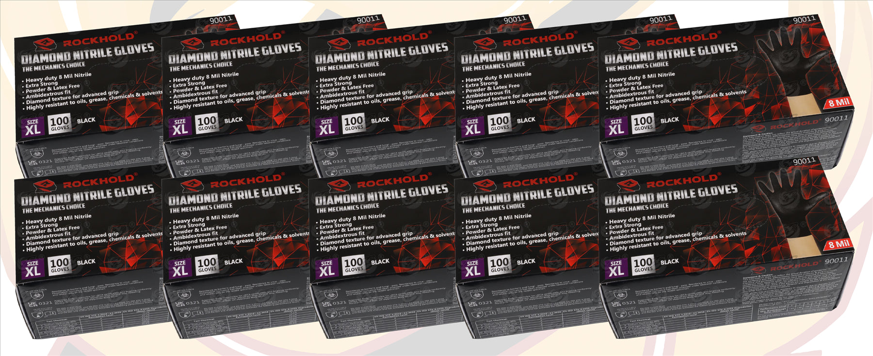 ROCKHOLD HEAVY DUTY BLACK 8 MIL NITRILE DIAMOND GRIP GLOVES ( X LARGE - 1000 GLOVES )