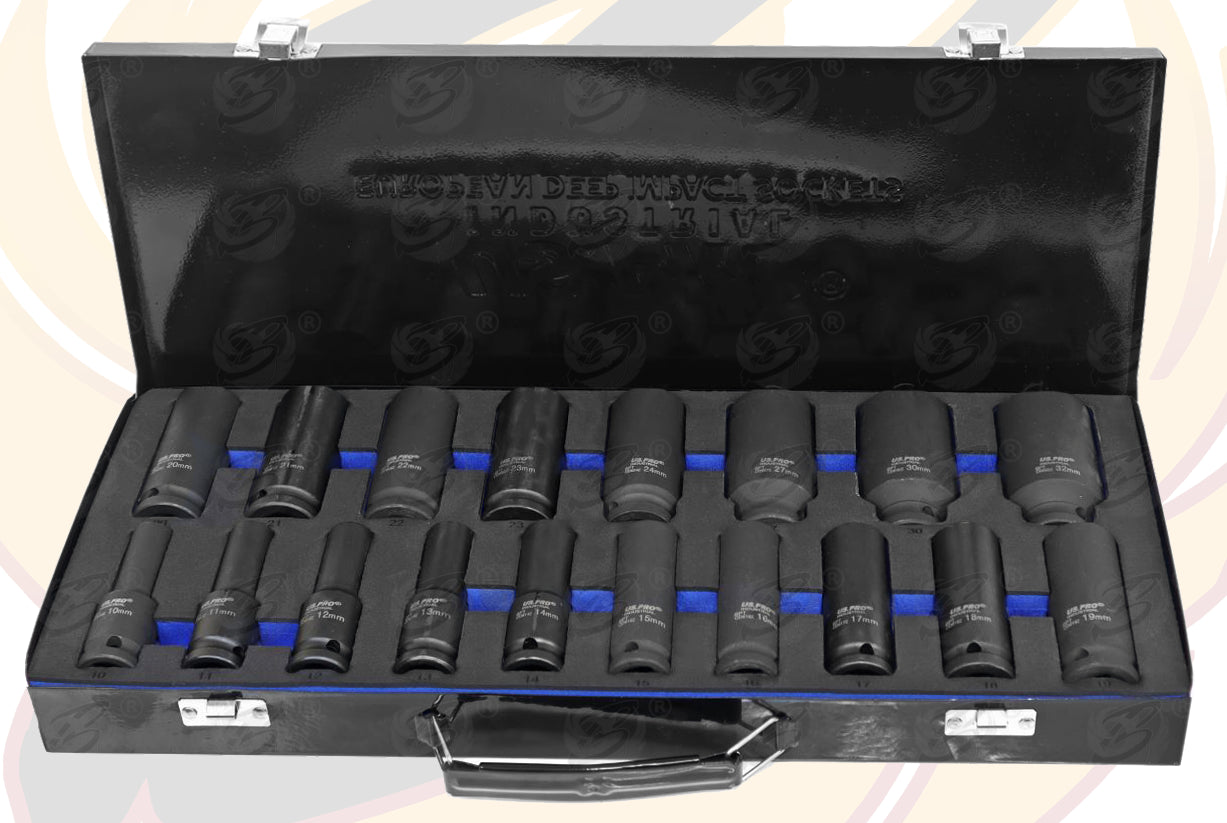 US PRO INDUSTRIAL 18PCS 1/2" DRIVE 6 POINT DEEP IMPACT SOCKETS 10MM - 32MM