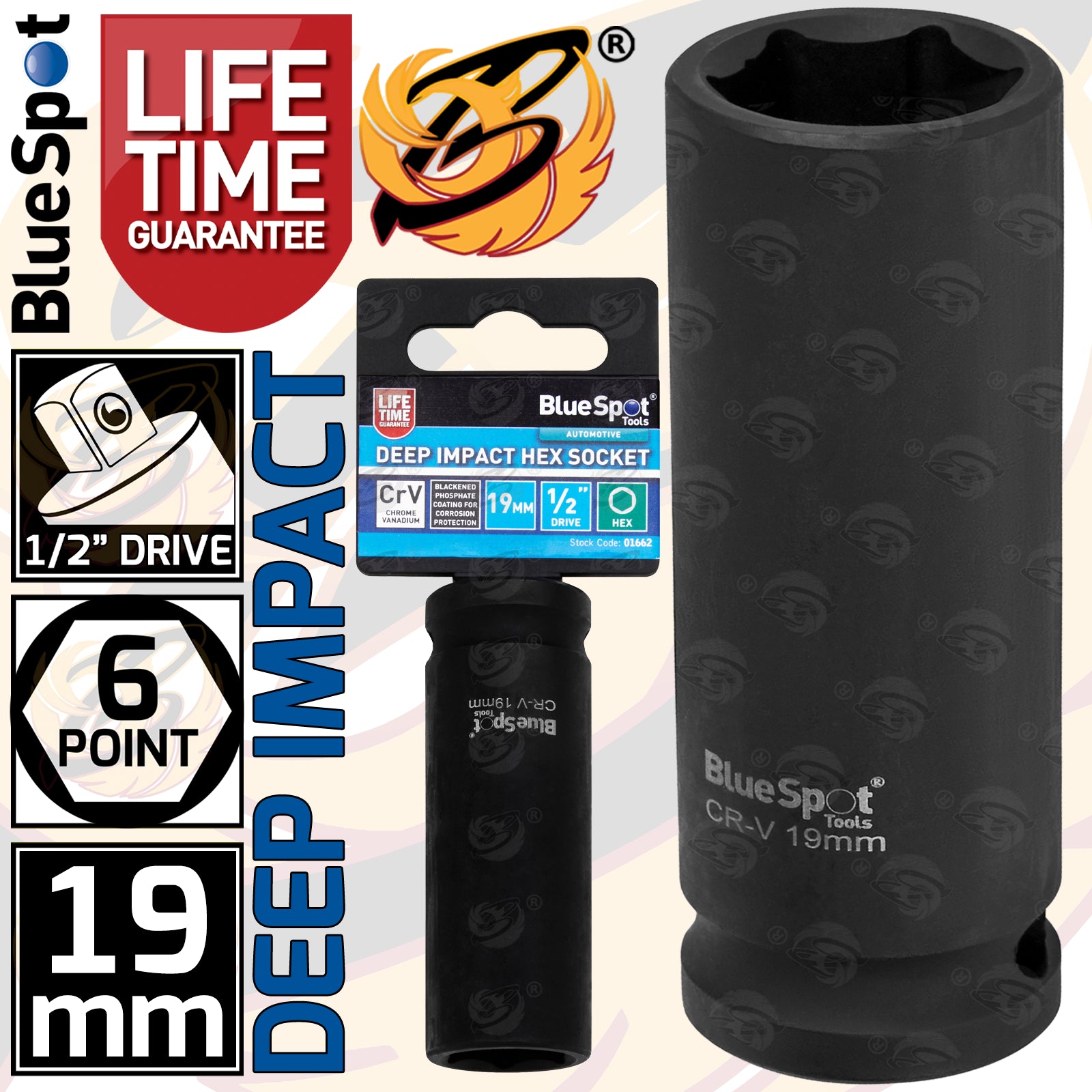 BLUESPOT 19MM 1/2" DRIVE 6 POINT DEEP IMPACT SOCKET ( SINGLE )