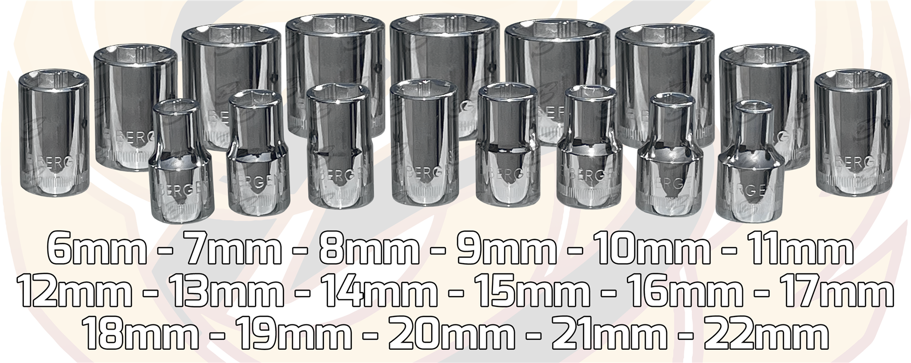Bergen 17 Piece 3/8" Drive 6 Point Shallow Xi - Ion Sockets 6mm - 22mm  1169