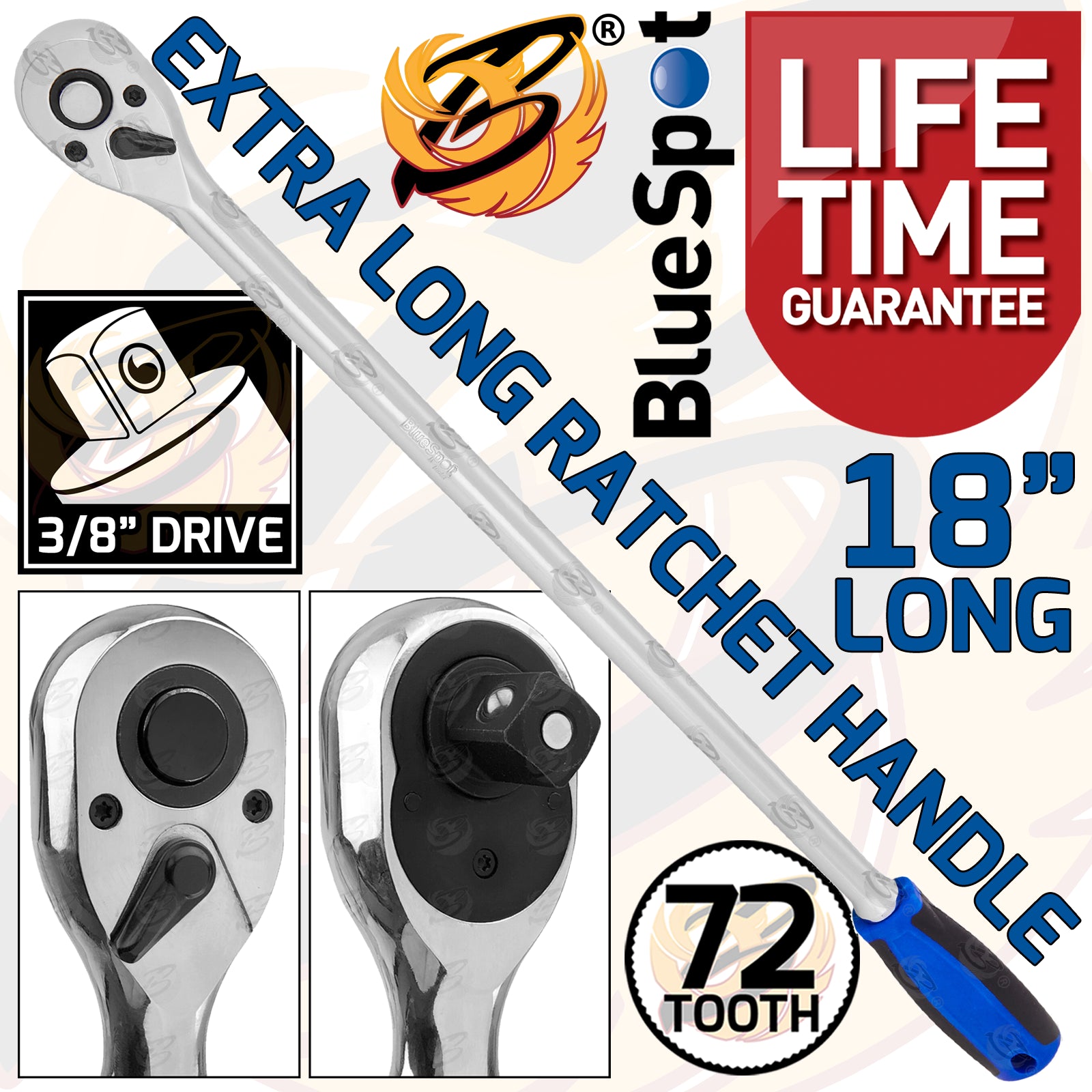 BLUESPOT 3/8" DRIVE 18" LONG 72 TOOTH EXTRA LONG RATCHET HANDLE