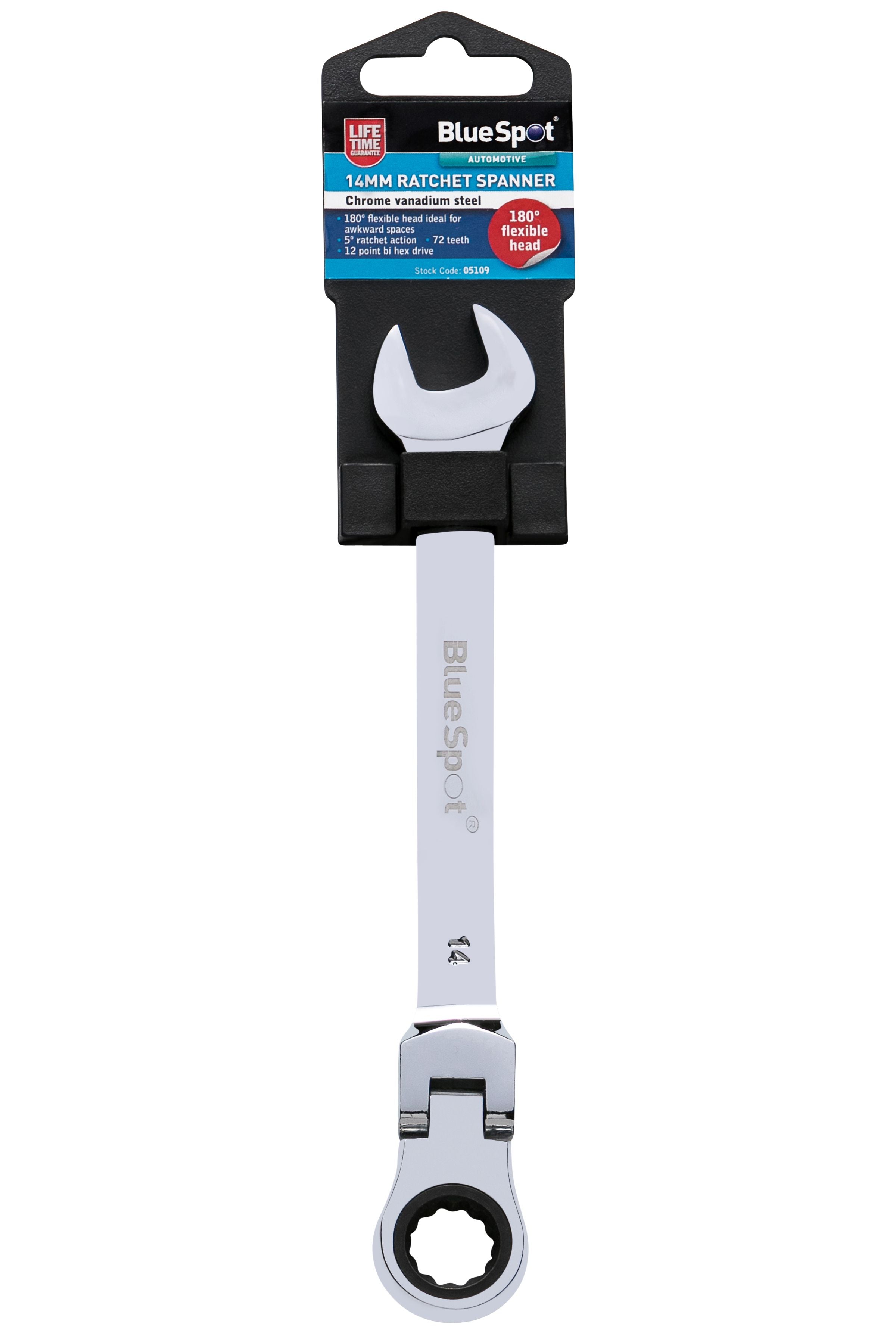 BlueSpot 14mm Chrome Vanadium Ratchet Spanner Flexible Head (180°) ( Single ) With A Manufacturers LifeTime Guarantee 05109