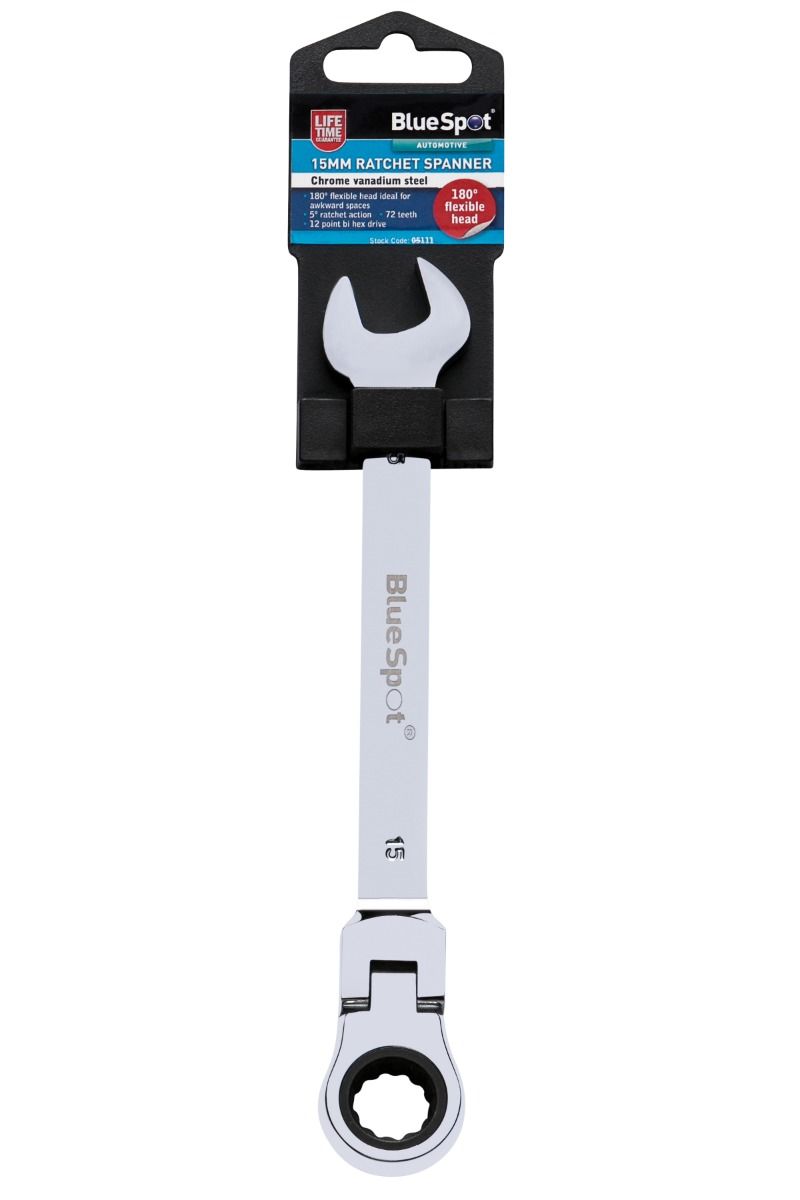 BlueSpot 15mm Chrome Vanadium Ratchet Spanner Flexible Head (180°) ( Single ) With A Manufacturers LifeTime Guarantee 05111