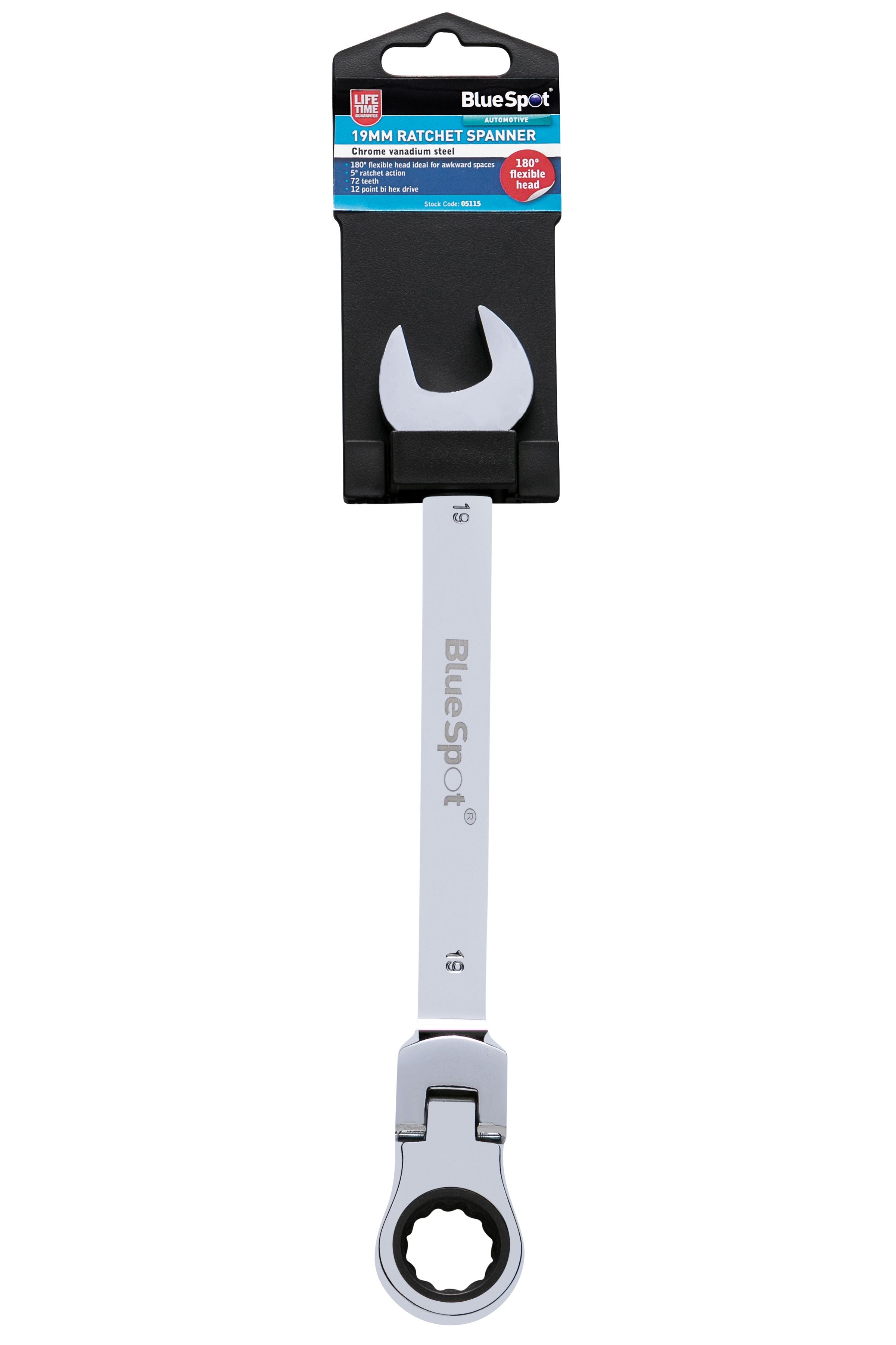 BlueSpot 19mm Chrome Vanadium Ratchet Spanner Flexible Head (180°) ( Single ) With A Manufacturers LifeTime Guarantee 05115