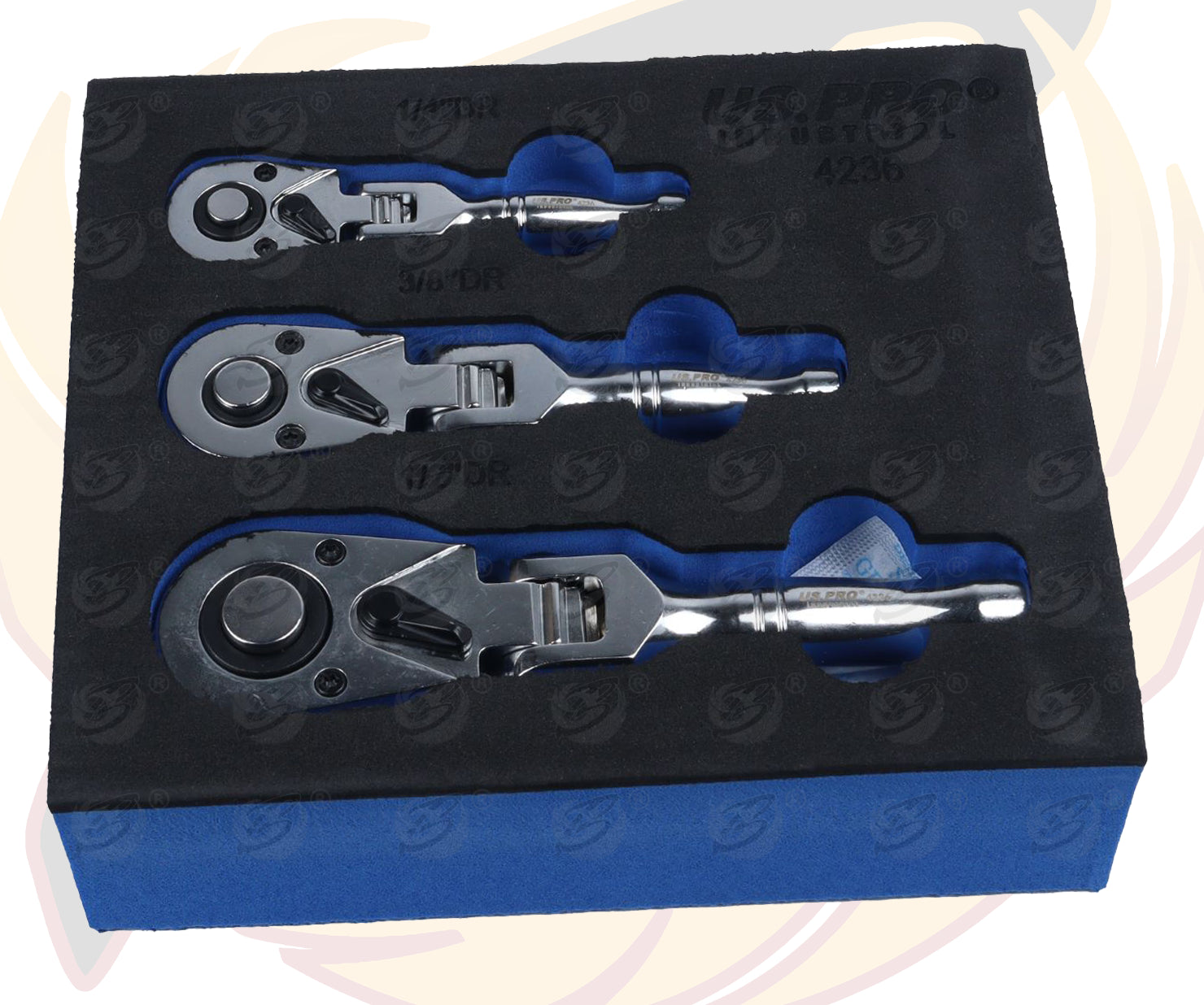US PRO 3PC STUBBY FLEXI HEAD RATCHET SET 1/4" -  3/8" - 1/2"