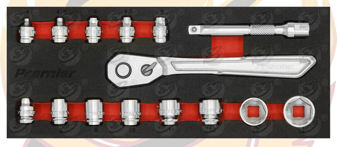 SEALEY 15PCS 1/4" DRIVE 6 POINT 90 TOOTH  LOW PROFILE SOCKET SET 4MM - 14MM