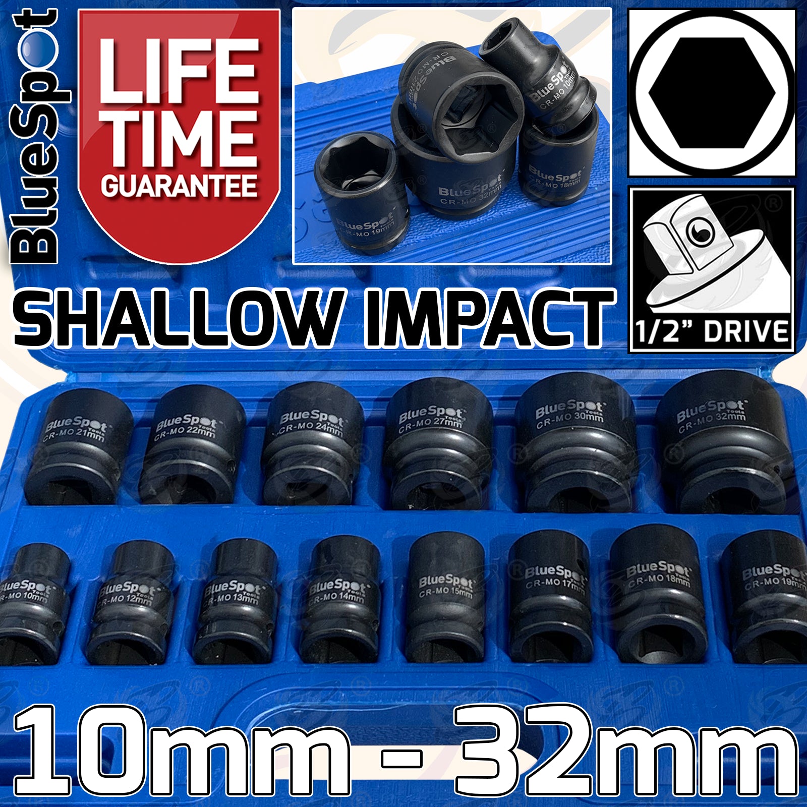 BLUESPOT 14PCS 1/2" DRIVE 6 POINT SHALLOW IMPACT SOCKETS 10MM - 32MM