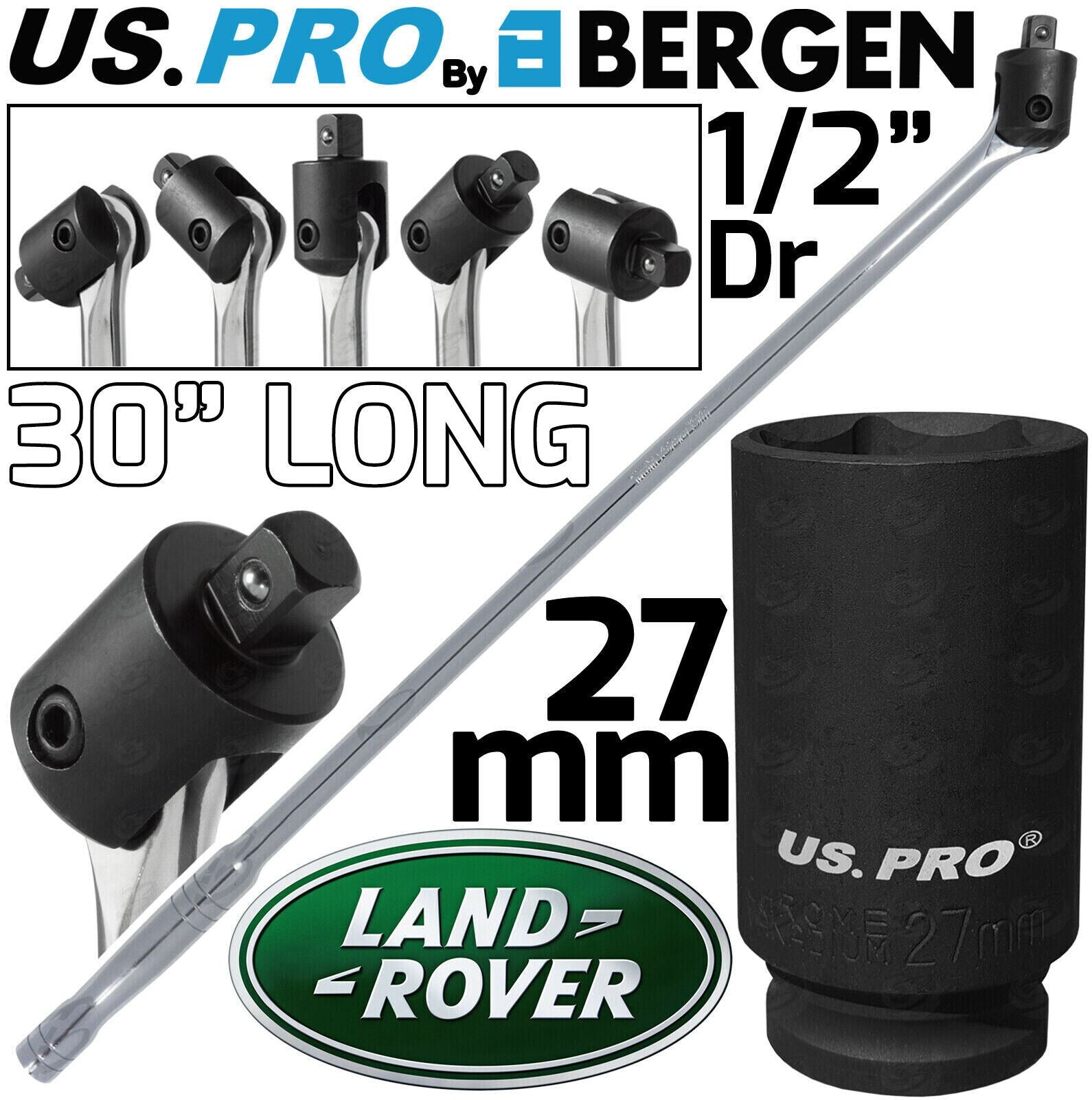 US PRO 1/2" DRIVE 30" LONG BREAKER BAR & 27MM 1/2" DRIVE 6 POINT DEEP IMPACT SOCKET